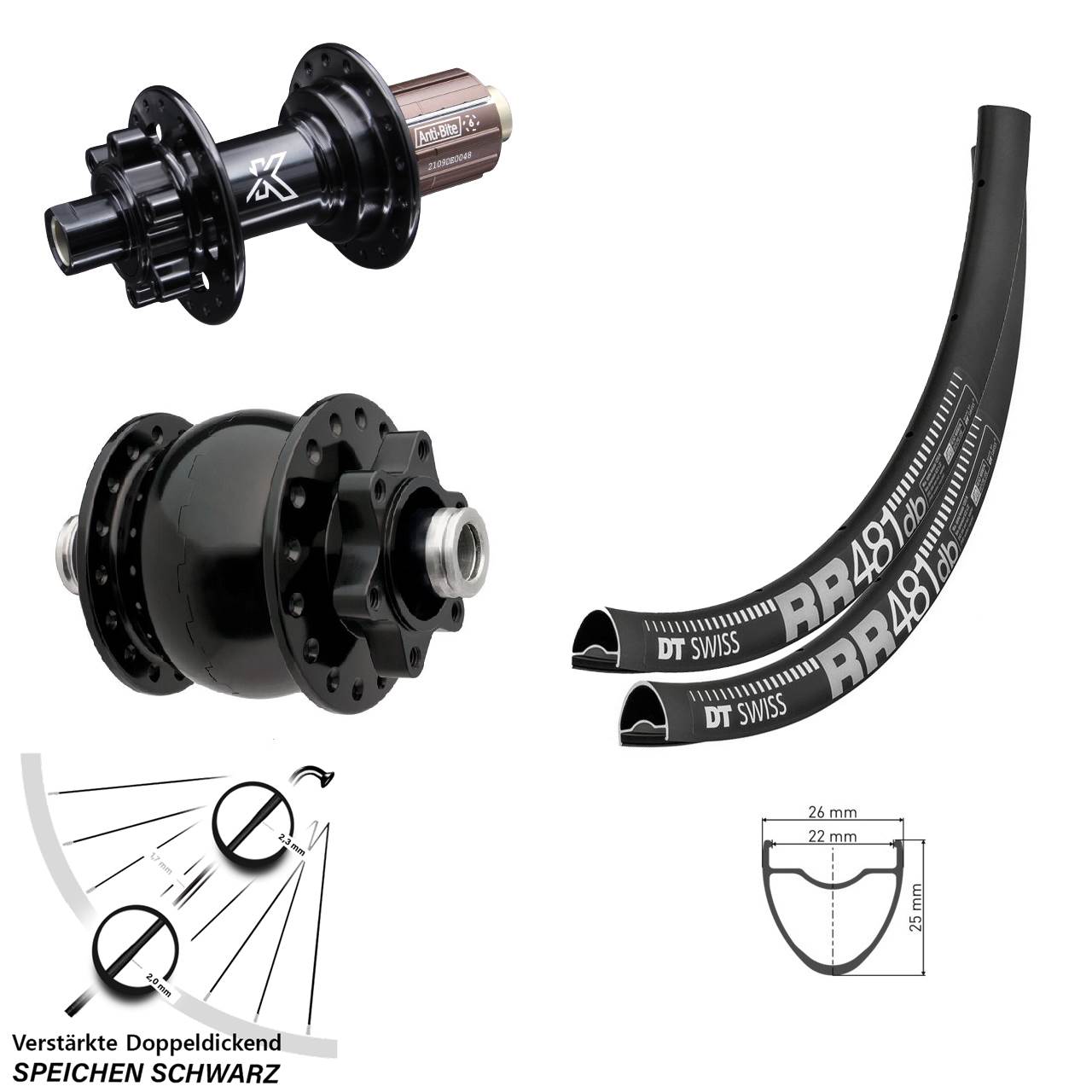 DT Swiss RR 481 KX-M Shimano Anti-Bite SON 28 Zoll Disc Laufradsatz 12x100/142 8-12 fach