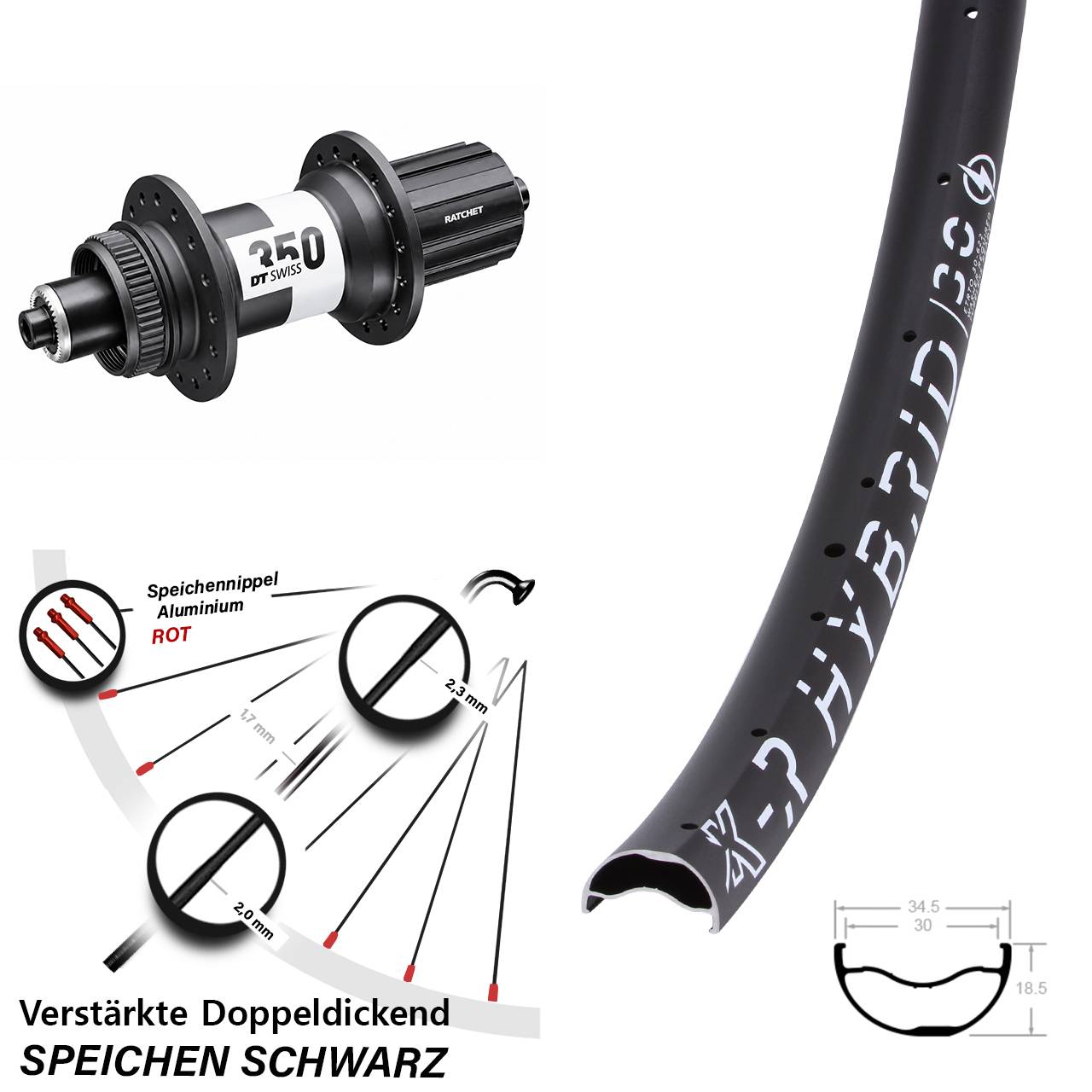 KX-R Hybrid 30 DT Swiss 350 29 Zoll Hinterrad für Schnellspanner 8-11 fach
