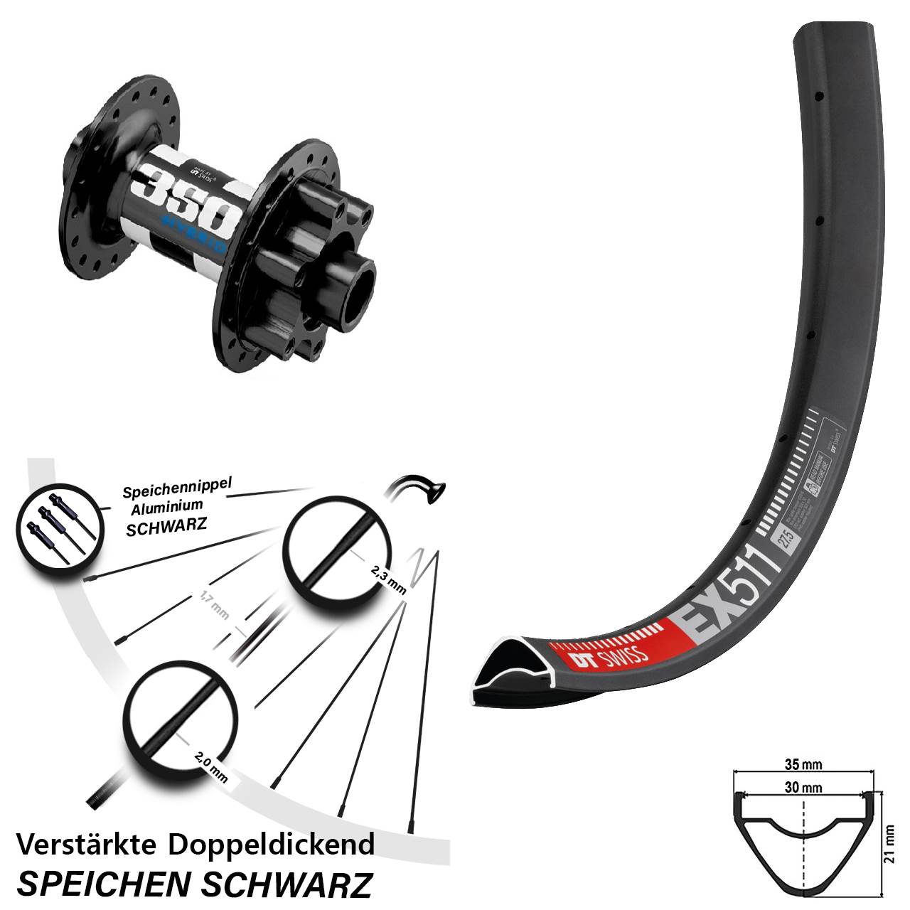 Vorderrad 6-Loch 29 Zoll DT Swiss EX 511-350 Hybrid 15x110 Boost