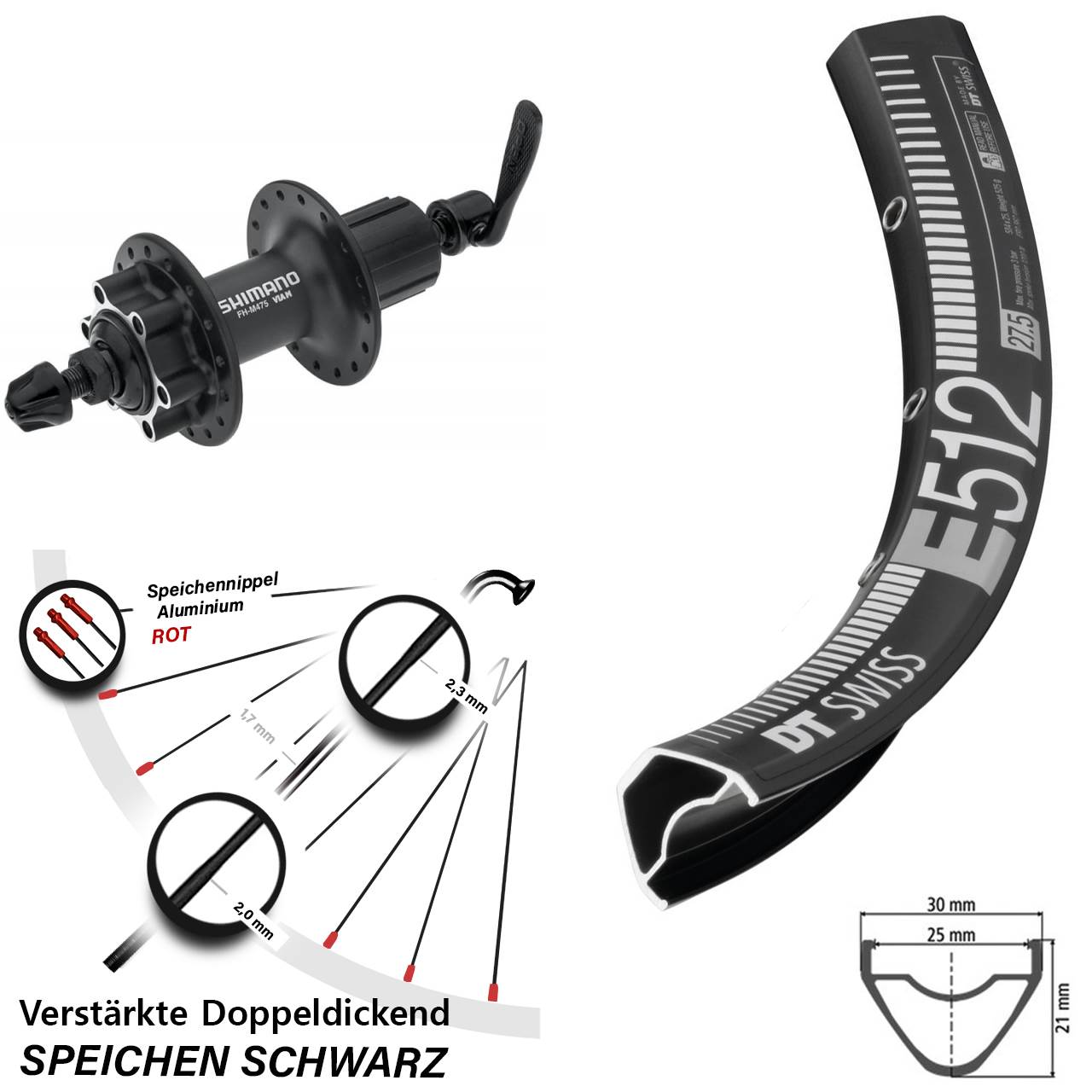Hinterrad 6-Loch für Schnellspanner 27,5 Zoll DT Swiss E512 Shimano FH-M475 8-11 fach