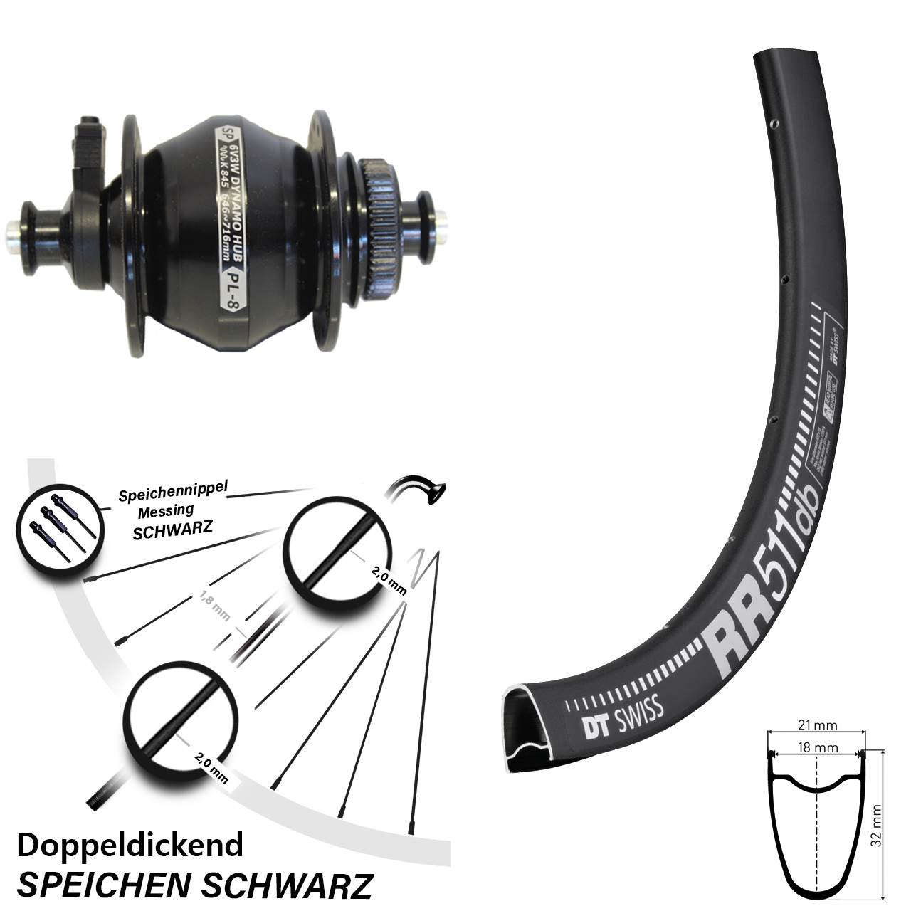 DT Swiss RR 511 Shutter PL-8 28 Zoll Disc Laufrad mit Nabendynamo QR