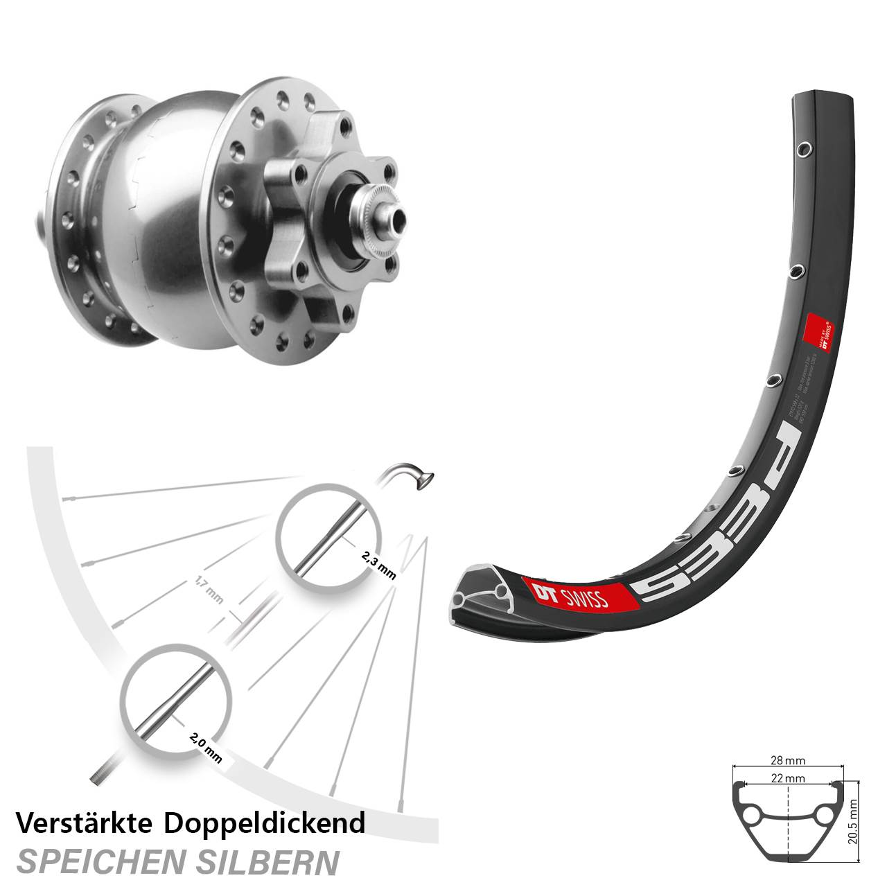 DT Swiss 533 D SON 28 Zoll 6-Loch Nabendynamo-Vorderrad für Schnellspanner