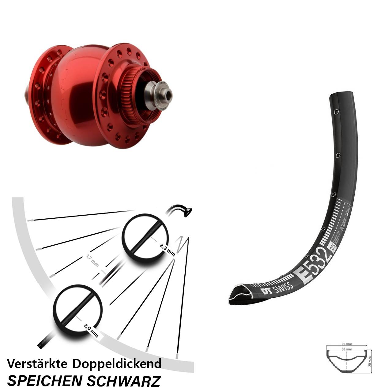 27,5 Zoll DT Swiss E 532 SON 28 rot Dynamo-Vorderrad Centerlock für Schnellspanner