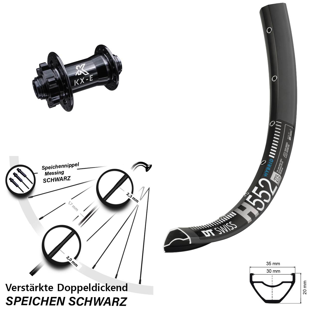 Vorderrad 6-Loch 15x100 27,5 Zoll DT Swiss H552 KX-E verstärkt