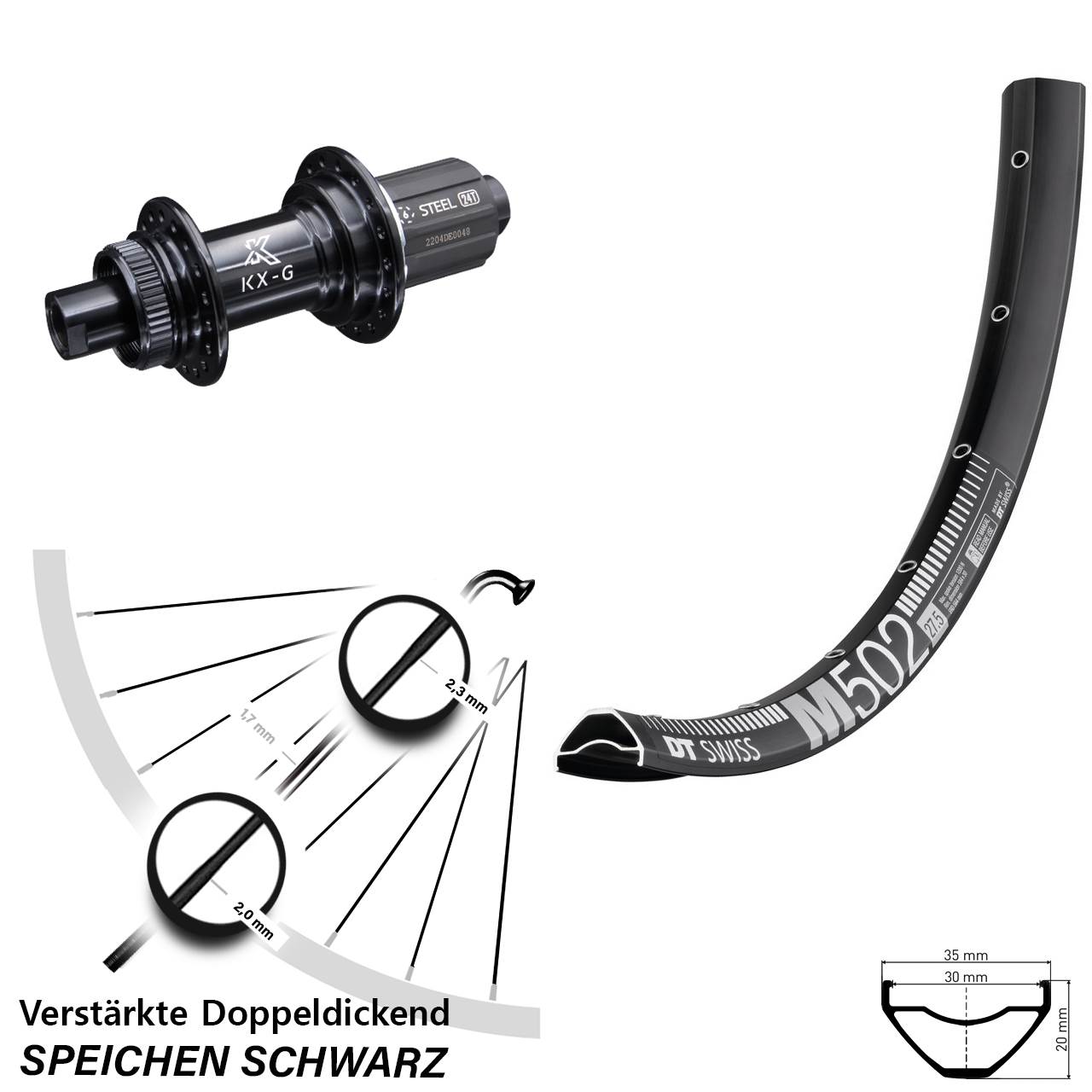 Centerlock Hinterrad 29 Zoll DT Swiss M 502 KX-GS Stahl Freilauf 8-12 fach 12x142