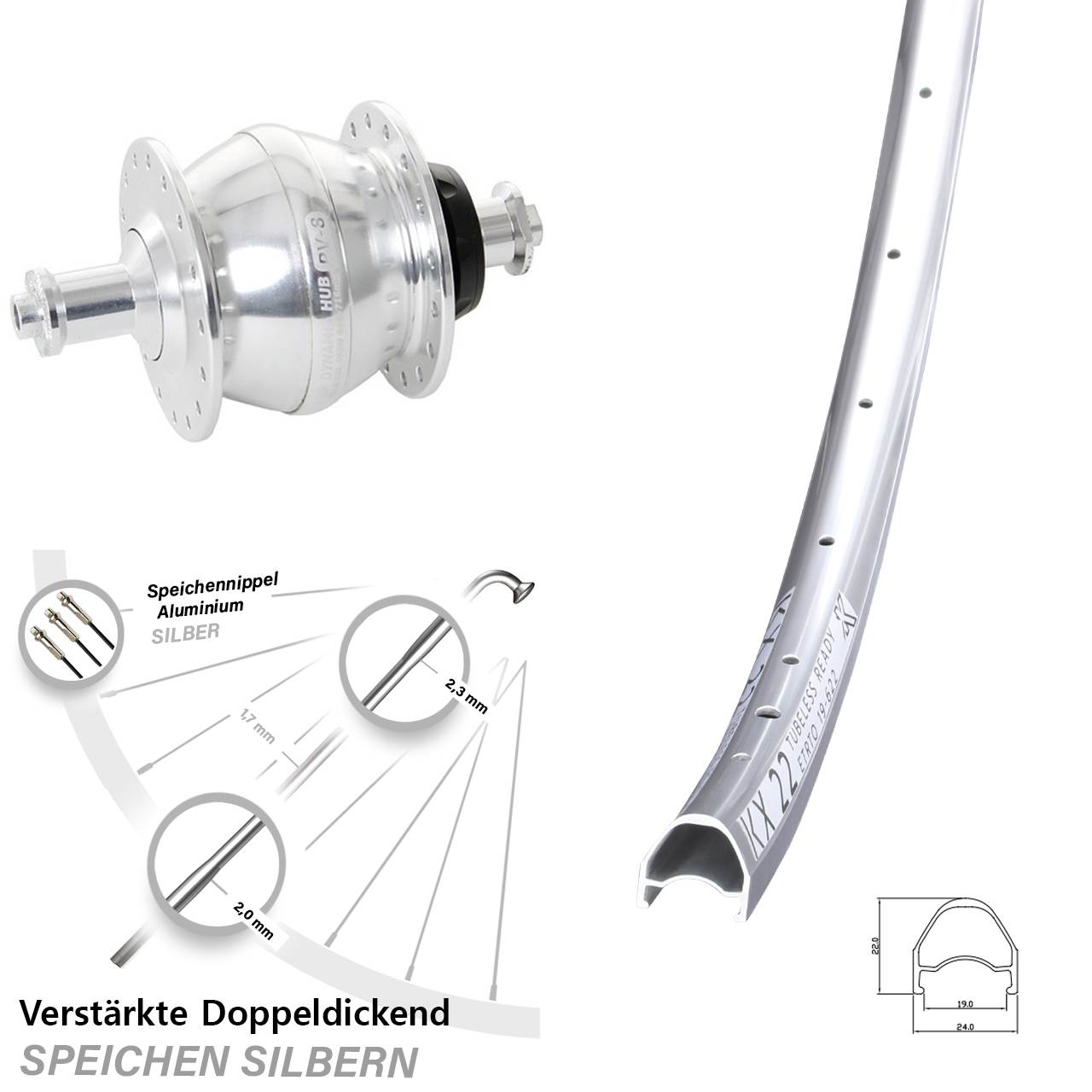 Nabendynamolaufrad für Schnellspanner 28 Zoll KX 22 Shutter PV-8