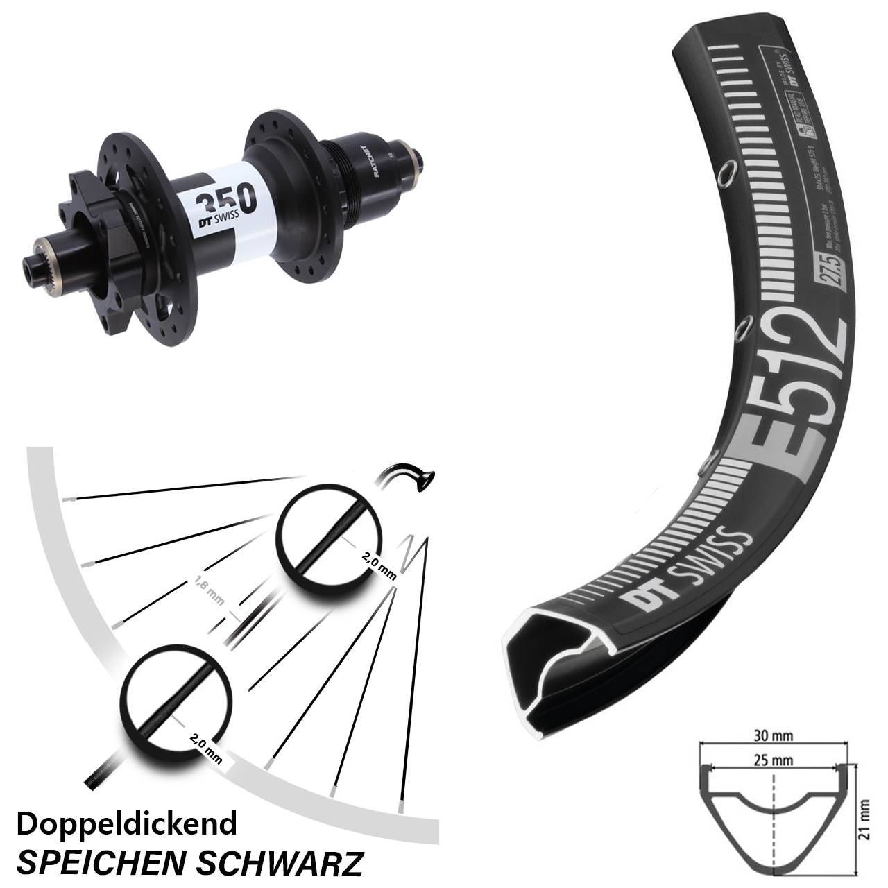 Hinterrad 27,5 Zoll DT Swiss E 512-350 6-Loch XD QR