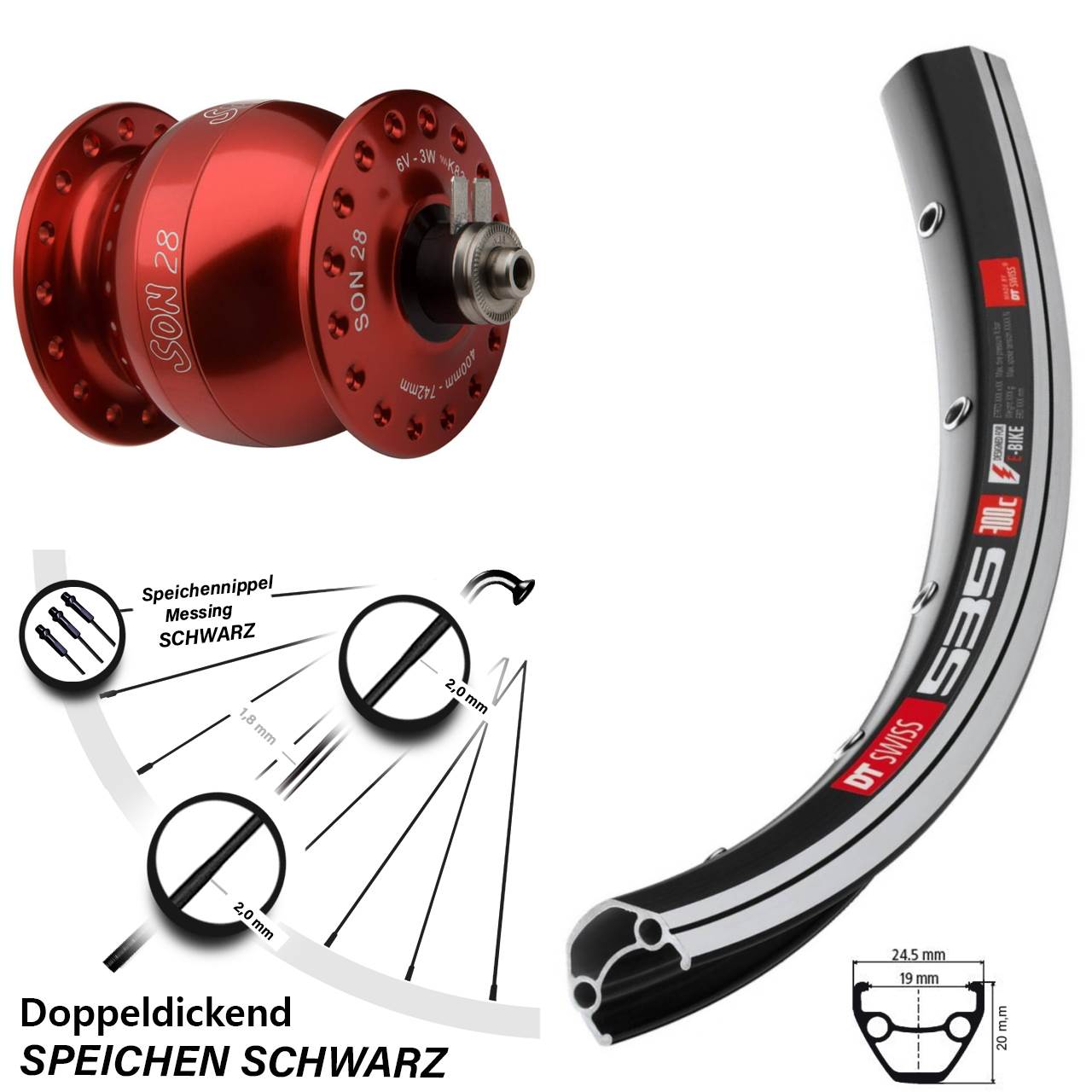 SON 28 rot DT Swiss 535 26 Zoll Nabendynamovorderrad QR