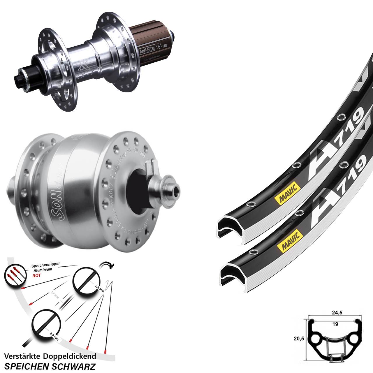 Laufrad-Satz für Schnellspanner 28 Zoll Mavic A 719 KX-T SON delux 8-12 fach HG