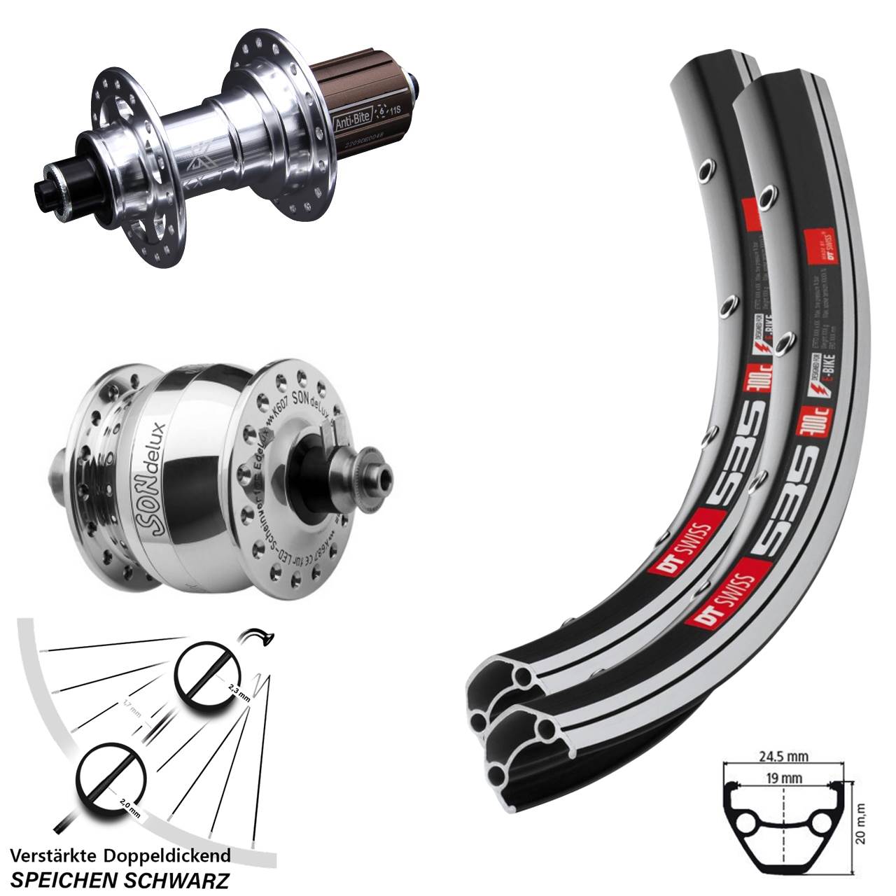 28 Zoll DT Swiss 535 KX-T SONdelux poliert Laufrad-Satz für Schnellspanner 8-12 fach HG