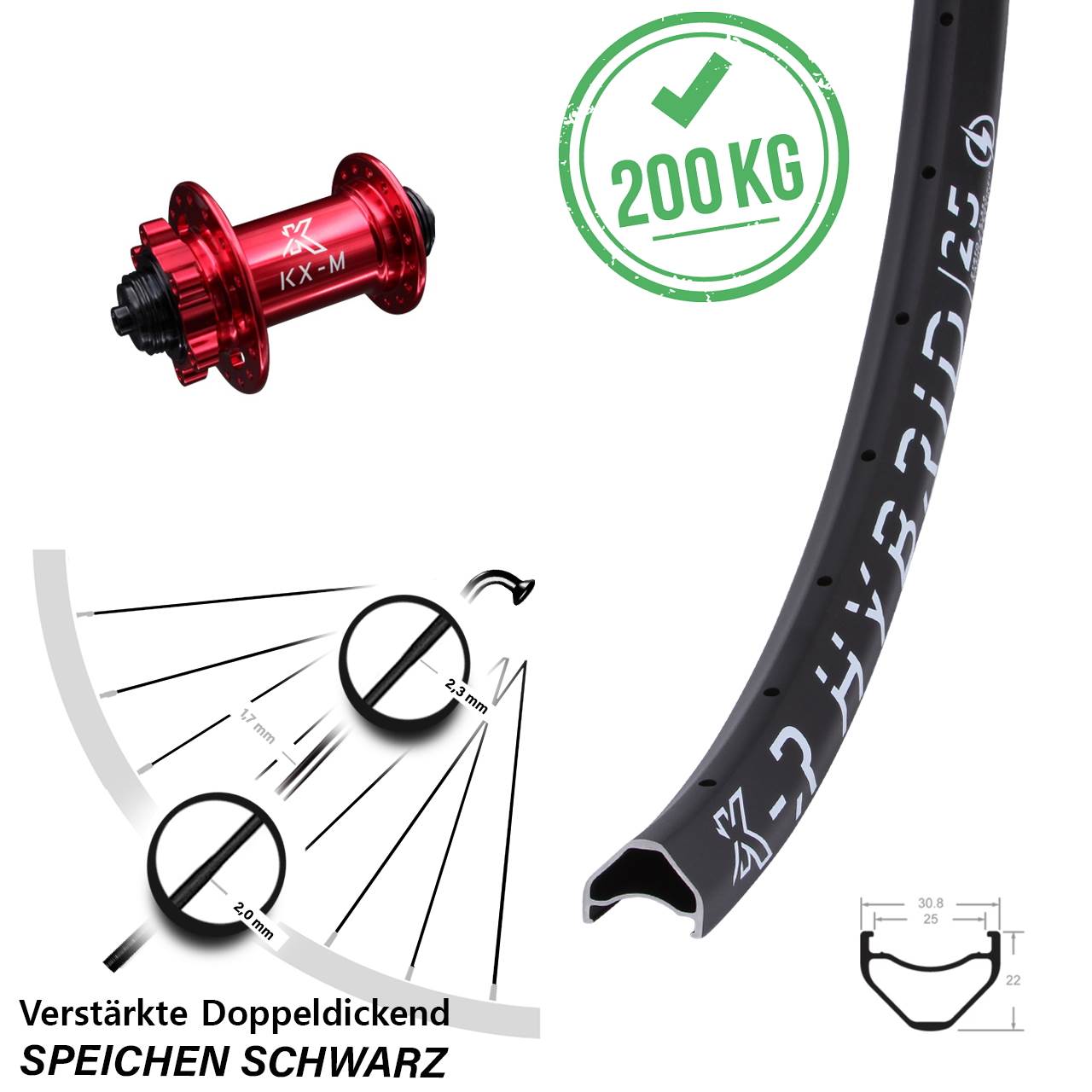 29 Zoll KX-R Hybrid 25 Bikepacking rot 6-loch Vorderrad QR