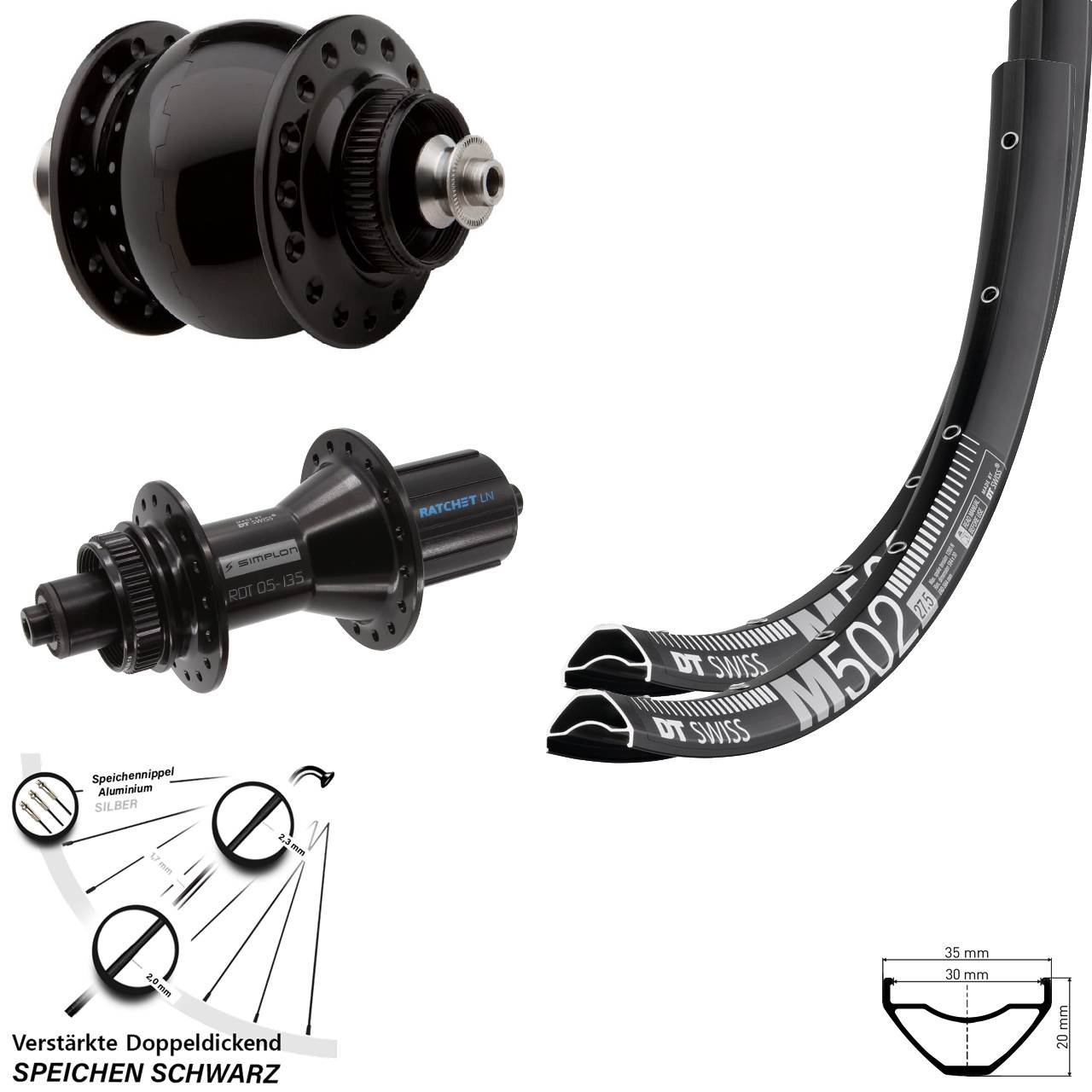 29 Zoll DT Swiss M 502-370 Hybrid SON 28 Centerlock Laufradsatz QR 8-11 fach