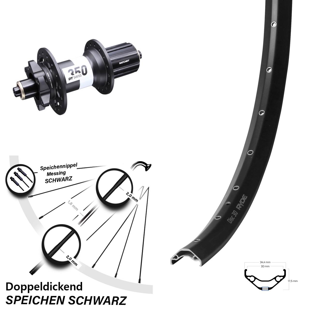 29 Zoll Ryde Disc 30 DT Swiss 350 Boost Disc Hinterrad QR Boost 8-11 fach HG