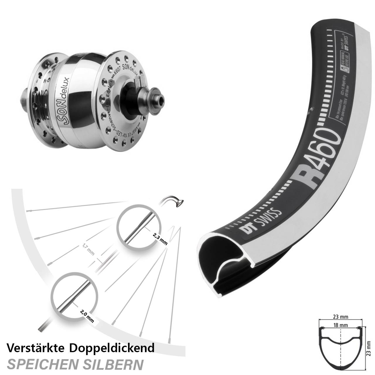 Vorderrad 28 Zoll DT Swiss R 460 SON delux Felgenbremse QR silbern poliert