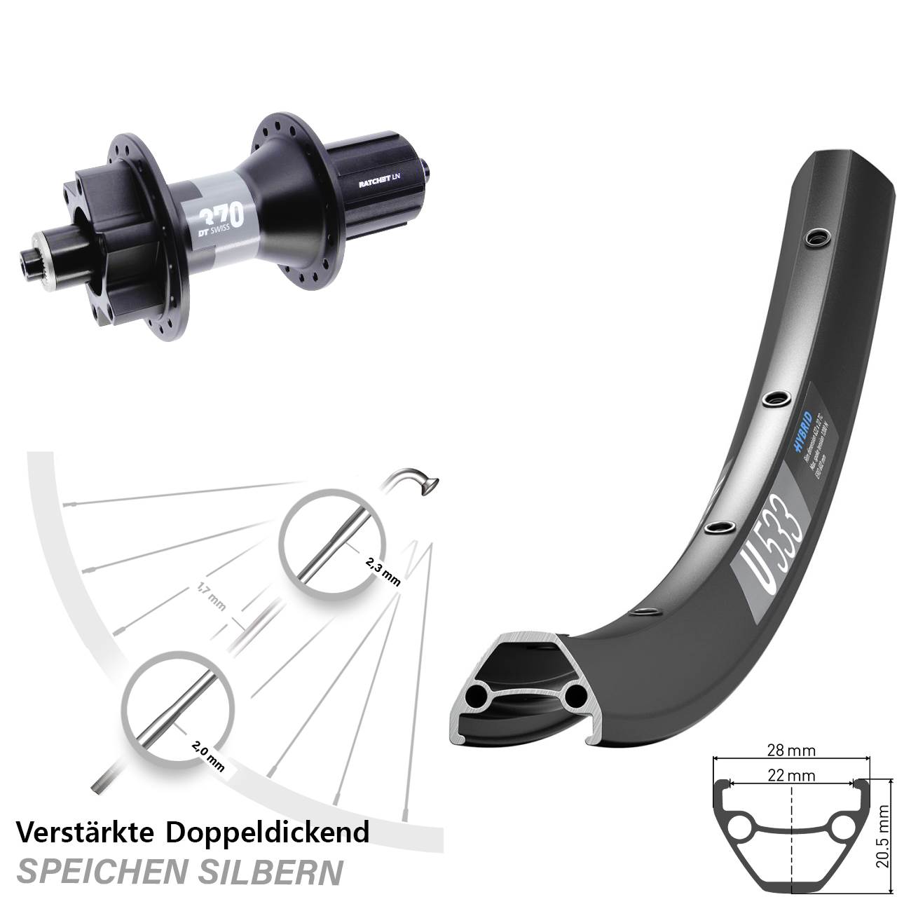 Hinterrad 6-Loch 28-29 Zoll DT Swiss U533-370 8-11 fach HG für Schnellspanner