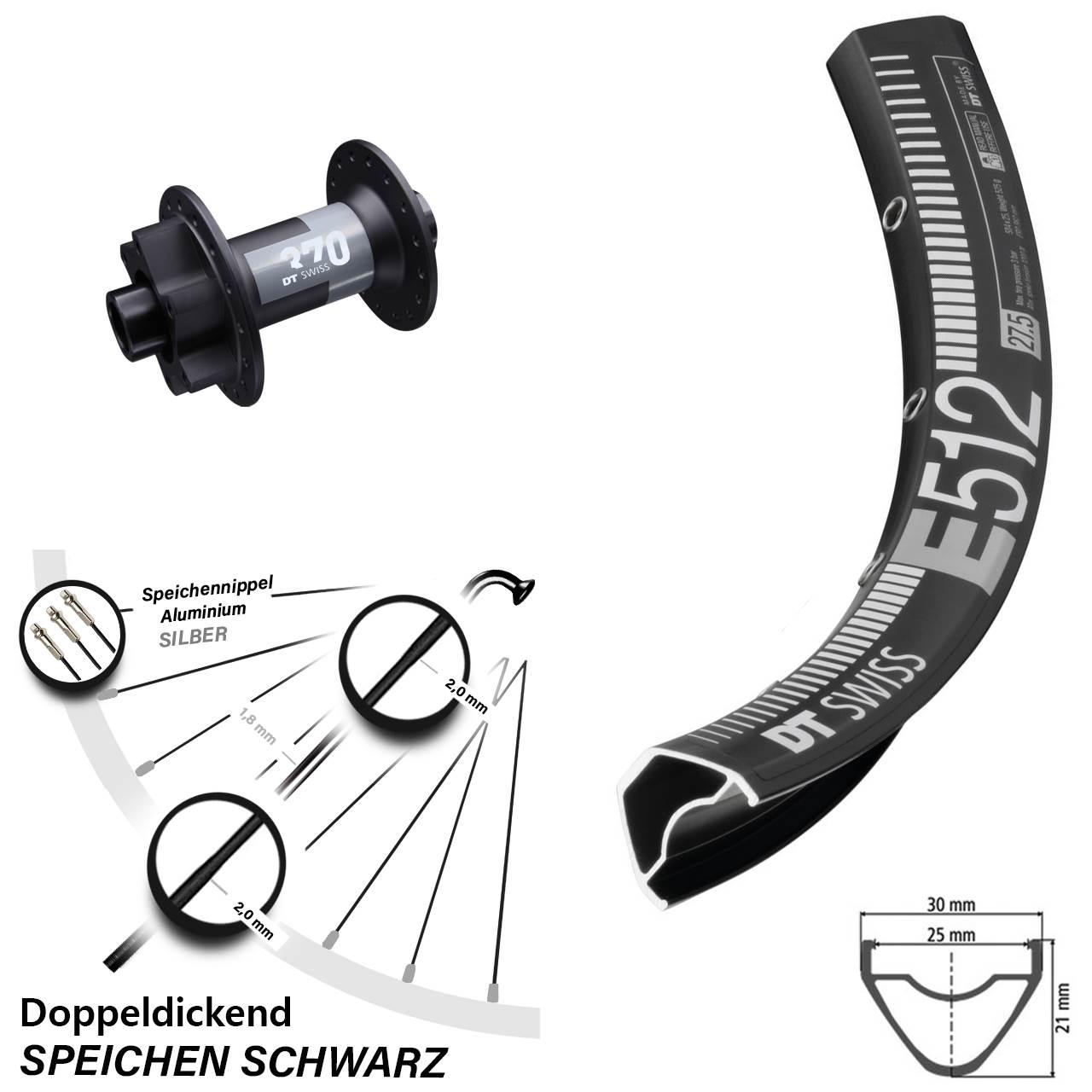 29 Zoll Vorderrad DT Swiss E 512 370 Steckachse 15x100 mm 6-loch