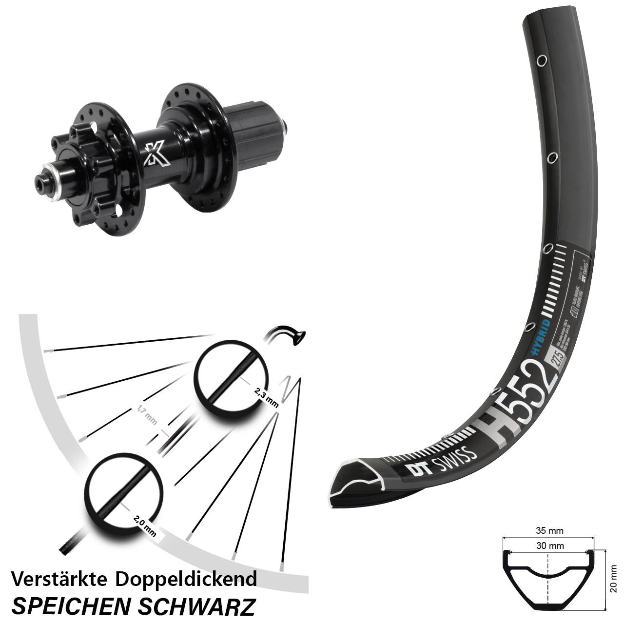 29 Zoll DT Swiss H552 KX-M Heavy Duty 6-Loch Hinterrad für Schnellspanner 8-12 fach