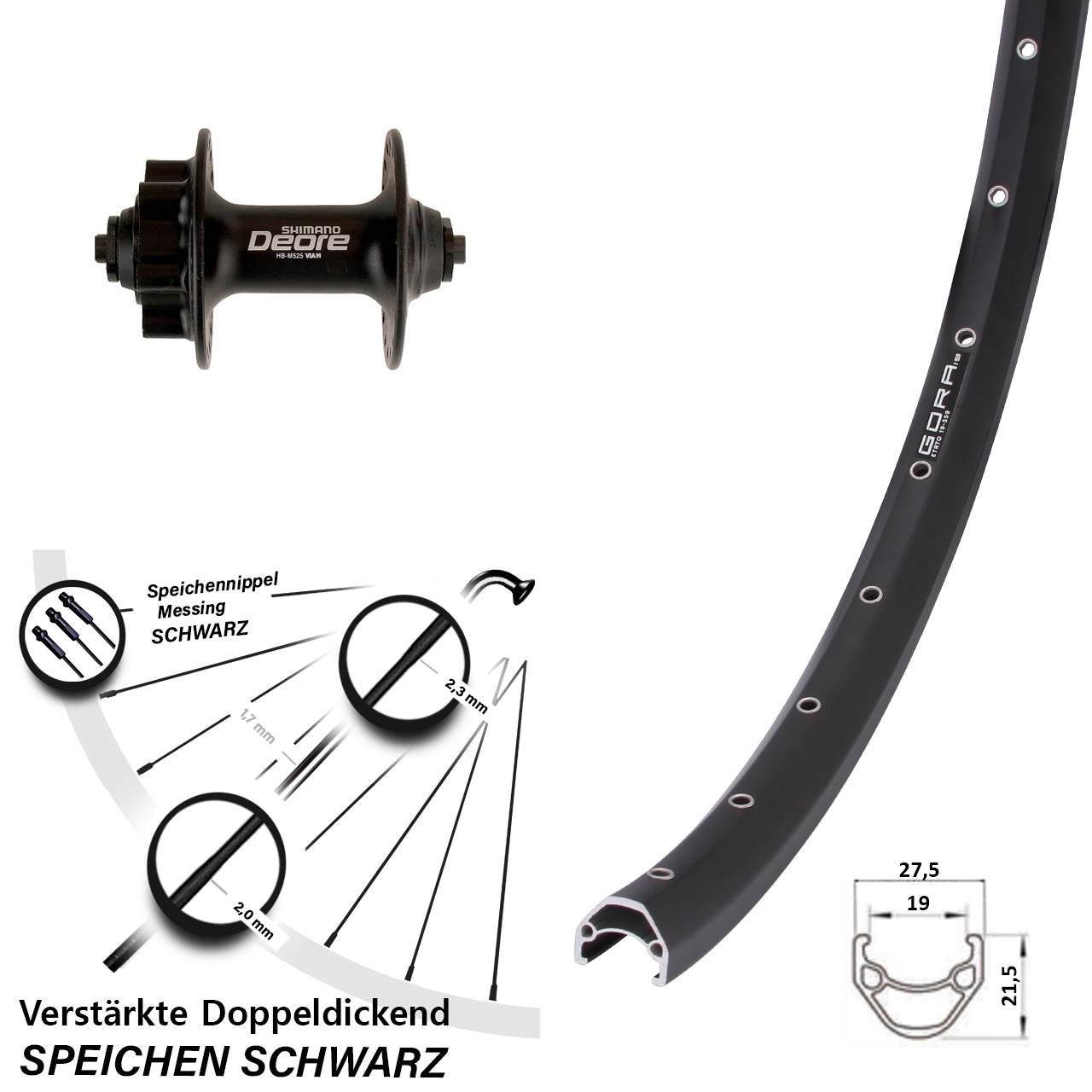 27,5 Zoll Gora 19 Shimano Deore HB-M525 Disc Laufrad für Schnellspanner