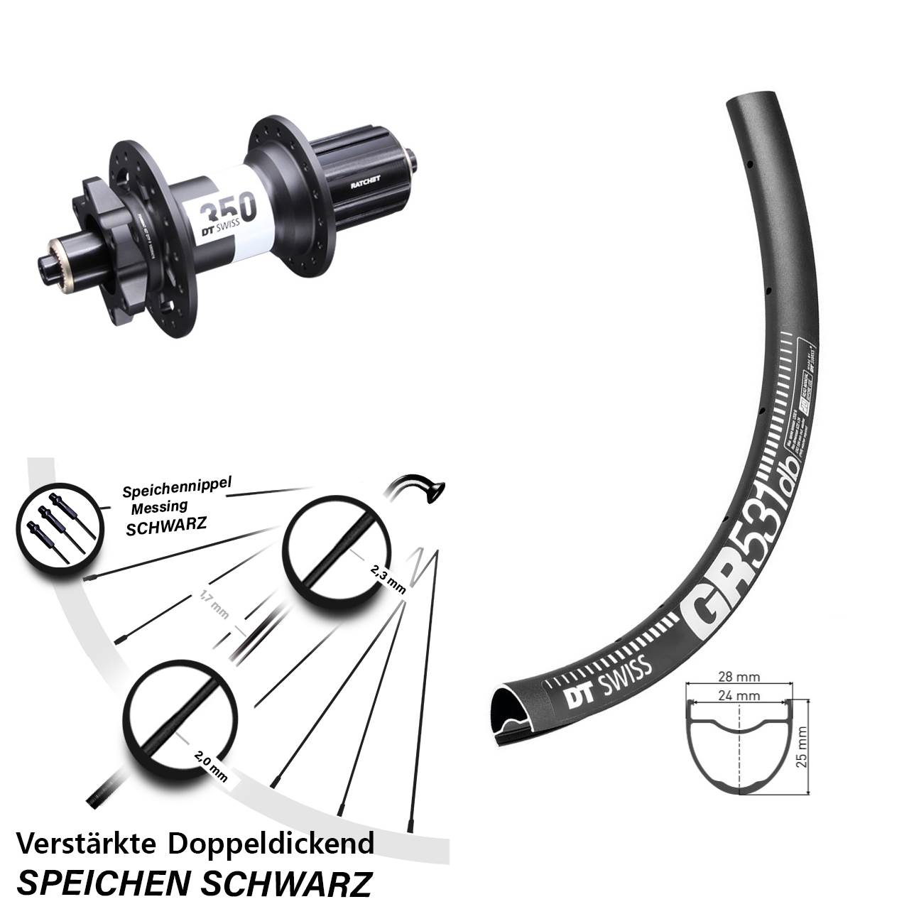 650B DT Swiss GR531-350 Ratchet 36 6-Loch Hinterrad für Schnellspanner 8-11 fach