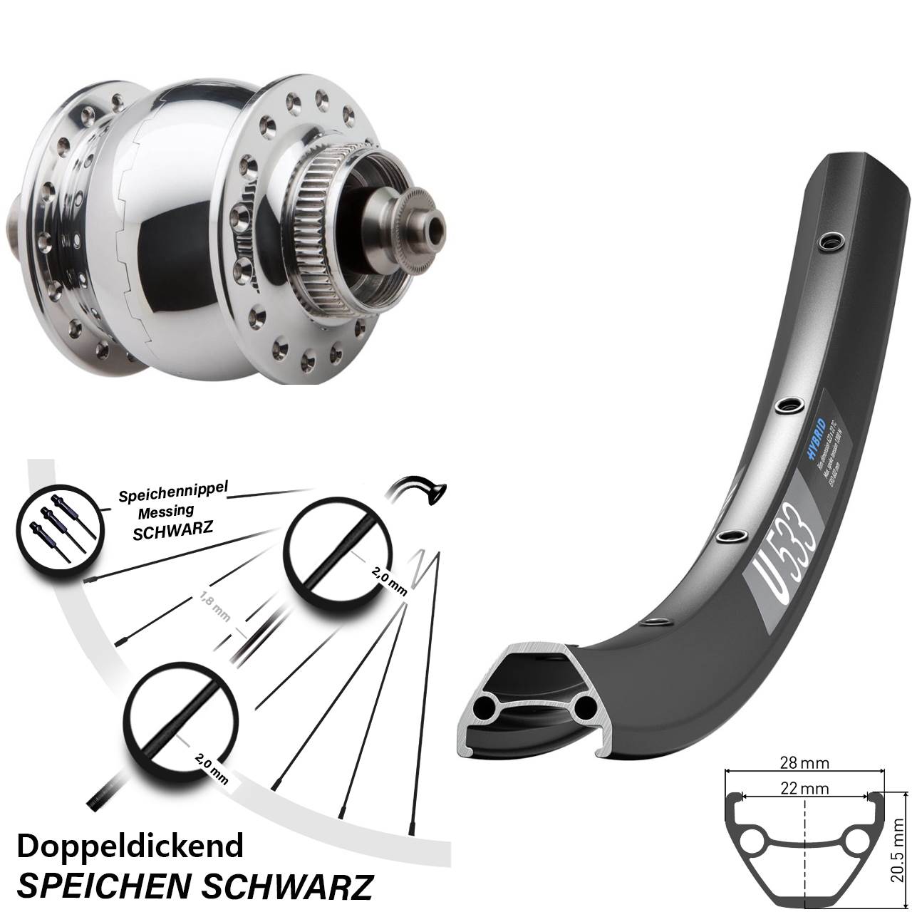 SON 28 poliert DT Swiss U 533 26 Zoll Disc Laufrad mit Nabendynamo für Schnellspanner