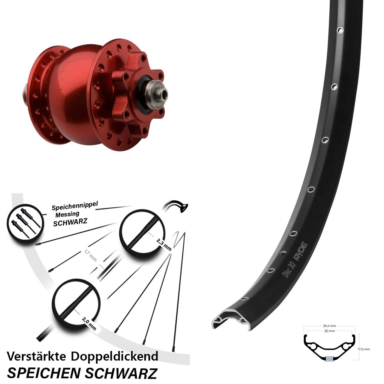 SON 28 rot Ryde Disc 30 29 Zoll 6-Loch Nabendynamo-Vorderrad für Schnellspanner