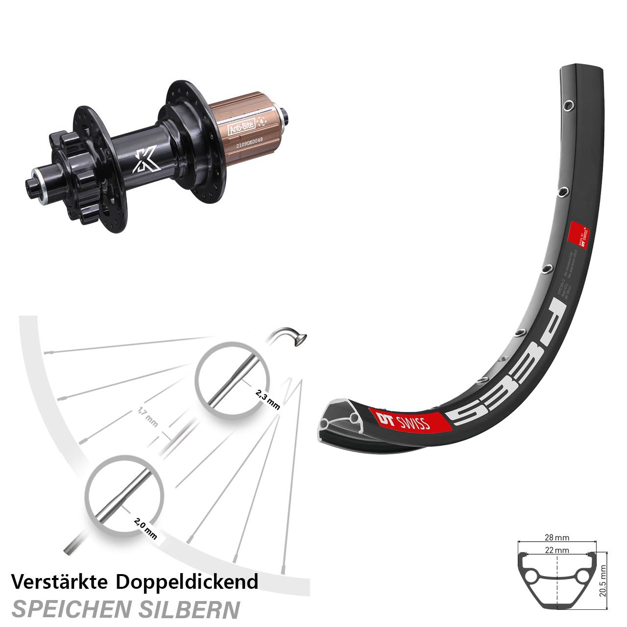 28 Zoll DT Swiss 533 D KX-M Disc Hinterrad QR 8-12 fach
