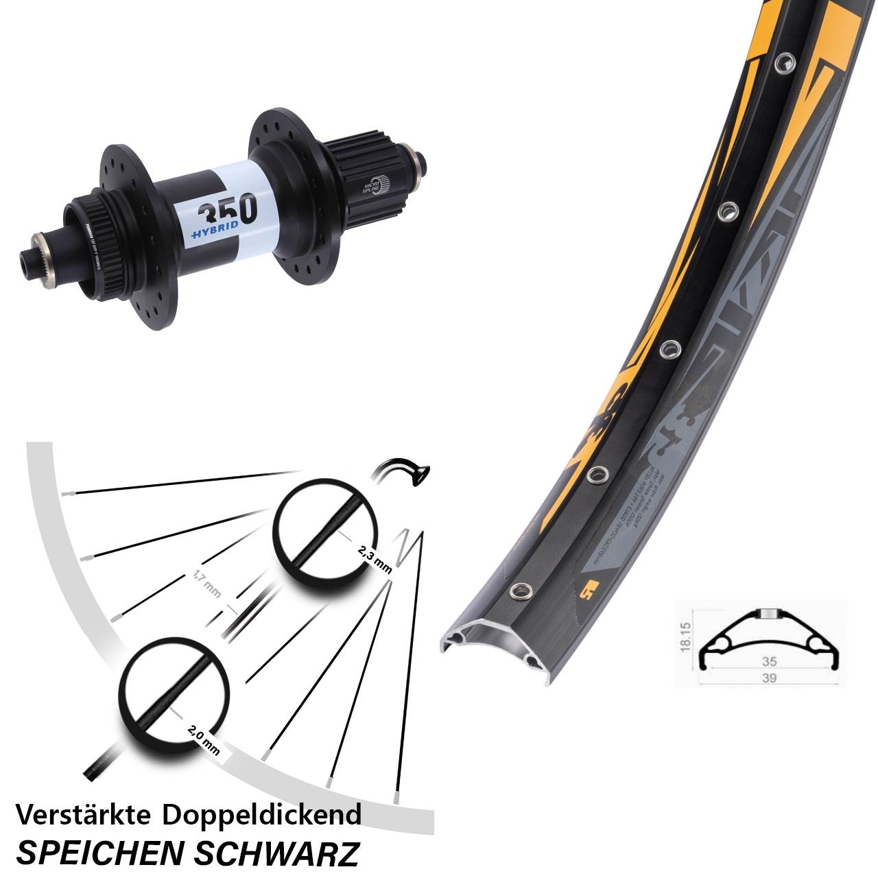 27,5 Zoll Rodi TRYP 35 DT Swiss 350 Hybrid Hinterrad Centerlock QR Boost Micro Spline