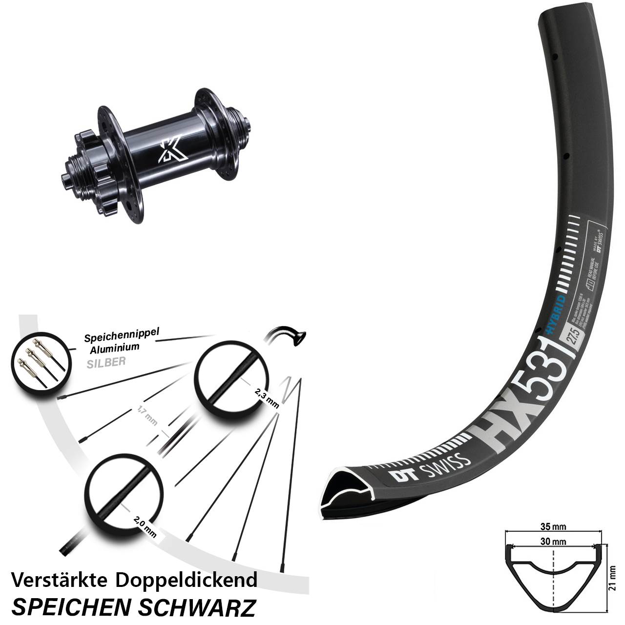 6-Loch Vorderrad für Schnellspanner 29 Zoll DT Swiss HX531 KX-M