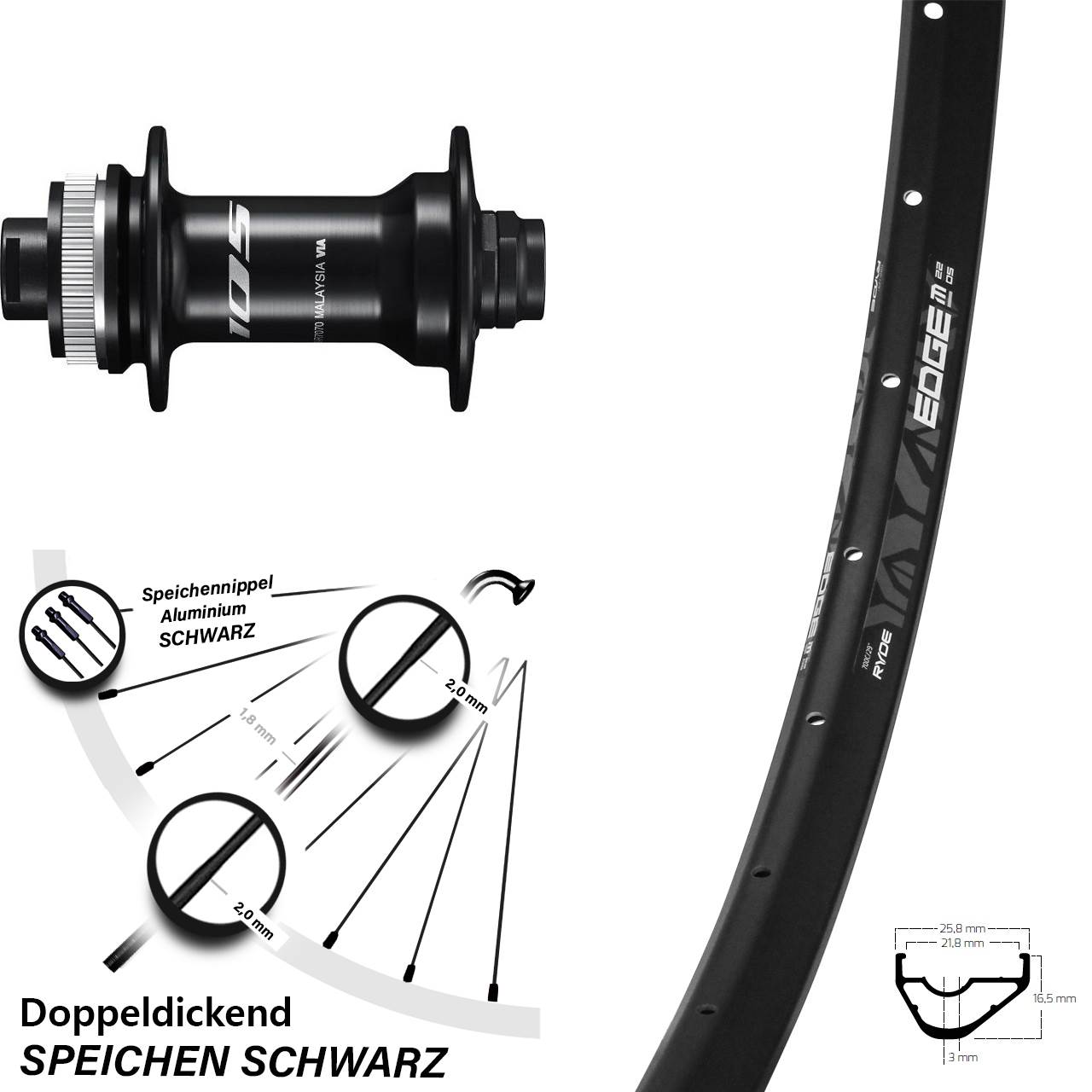 28 Zoll Ryde Edge M22 OS Shimano HB-R7070 Vorderrad Centerlock 12x100