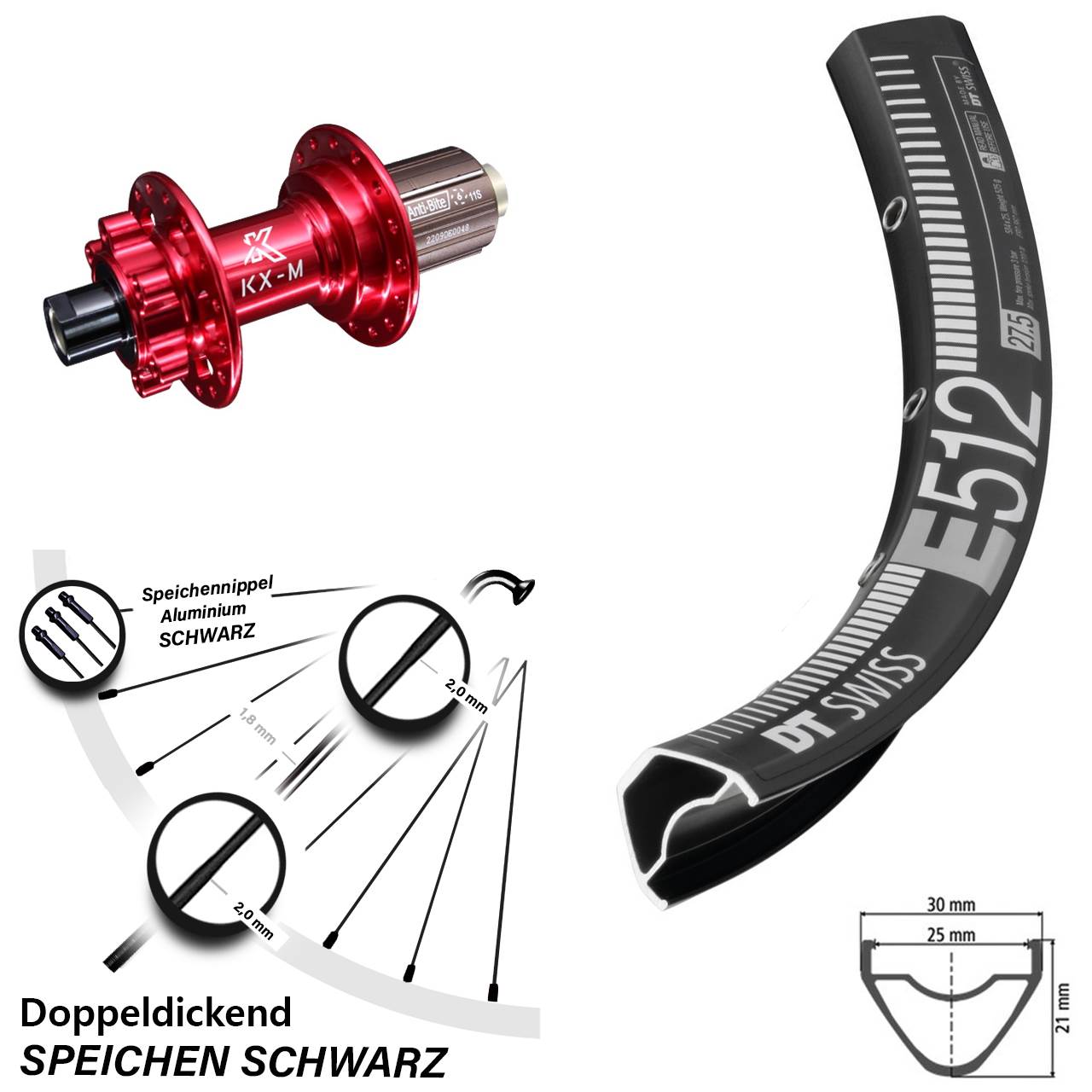 27,5 Zoll DT Swiss E 512 Hinterrad KX-M 8-12 fach 12x142