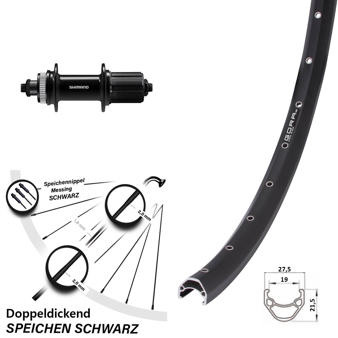 Centerlock Hinterrad 27,5 Zoll Gora 19 Shimano FH-QC400 8-11 fach für Schnellspanner