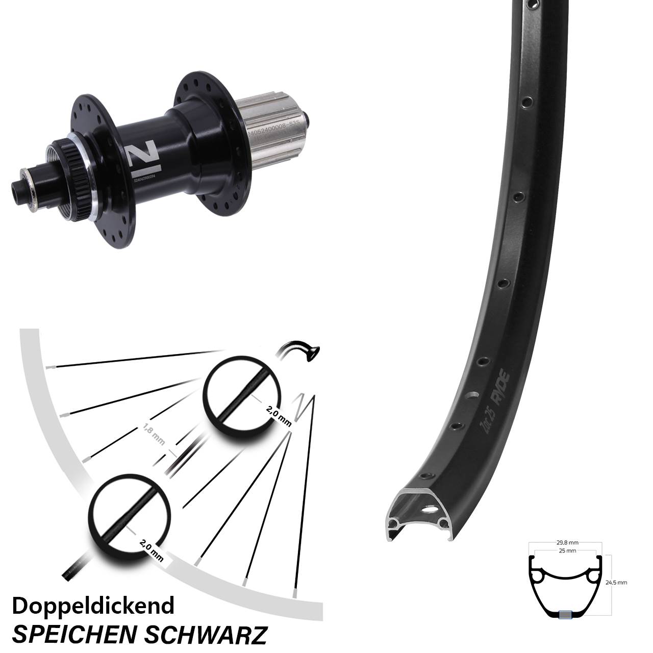 Disc Hinterrad 29 Zoll Ryde ZAC 25 Novatec D042 8-12 fach HG QR