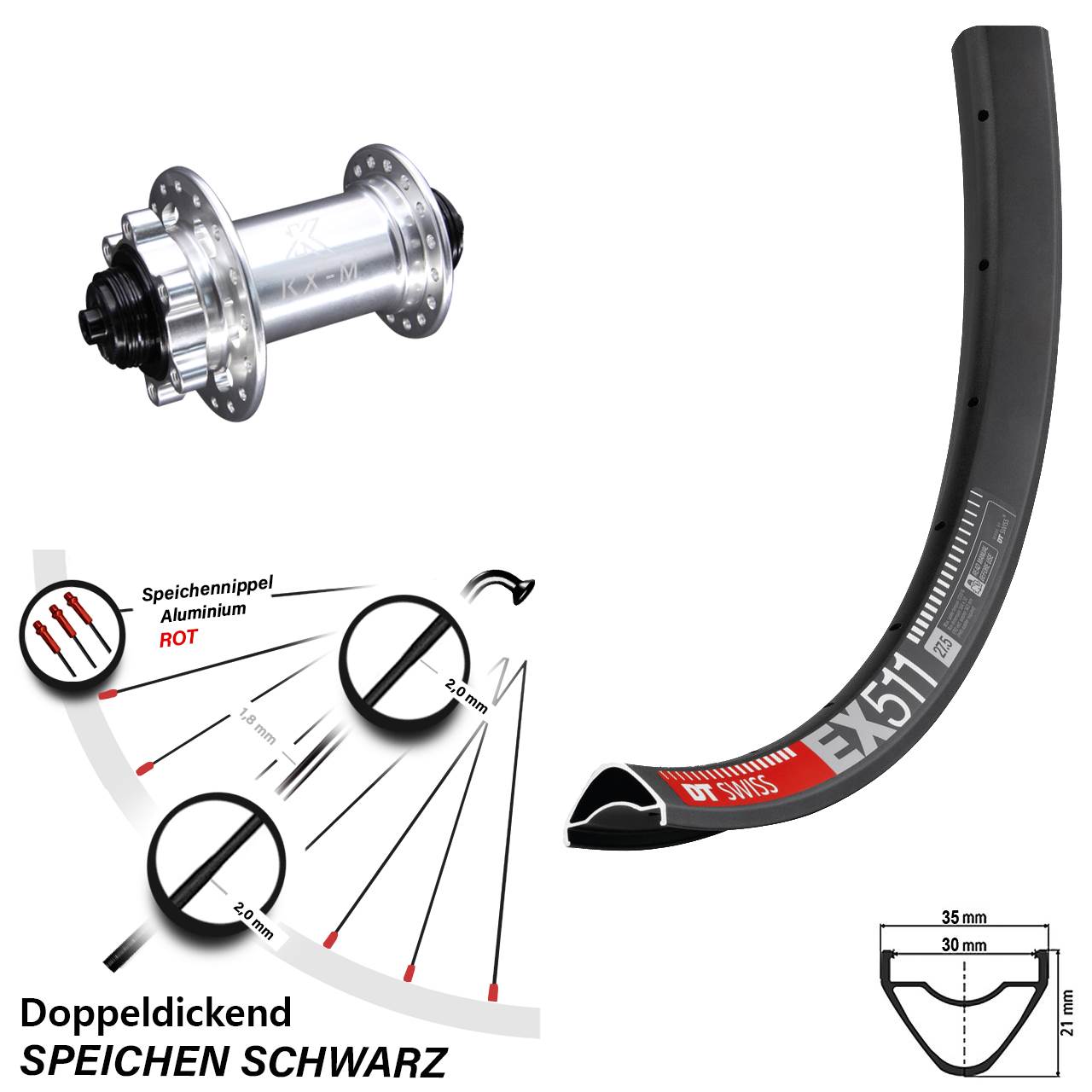 27,5 Zoll DT Swiss EX 511 Disc KX-M 6-Loch Vorderrad QR