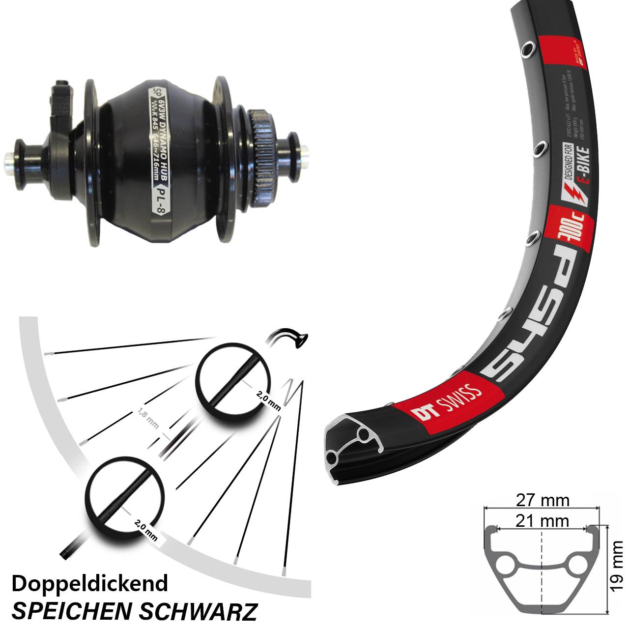26 Zoll DT Swiss 545 Shutter PL-8 Disc Nabendynamovorderrad QR