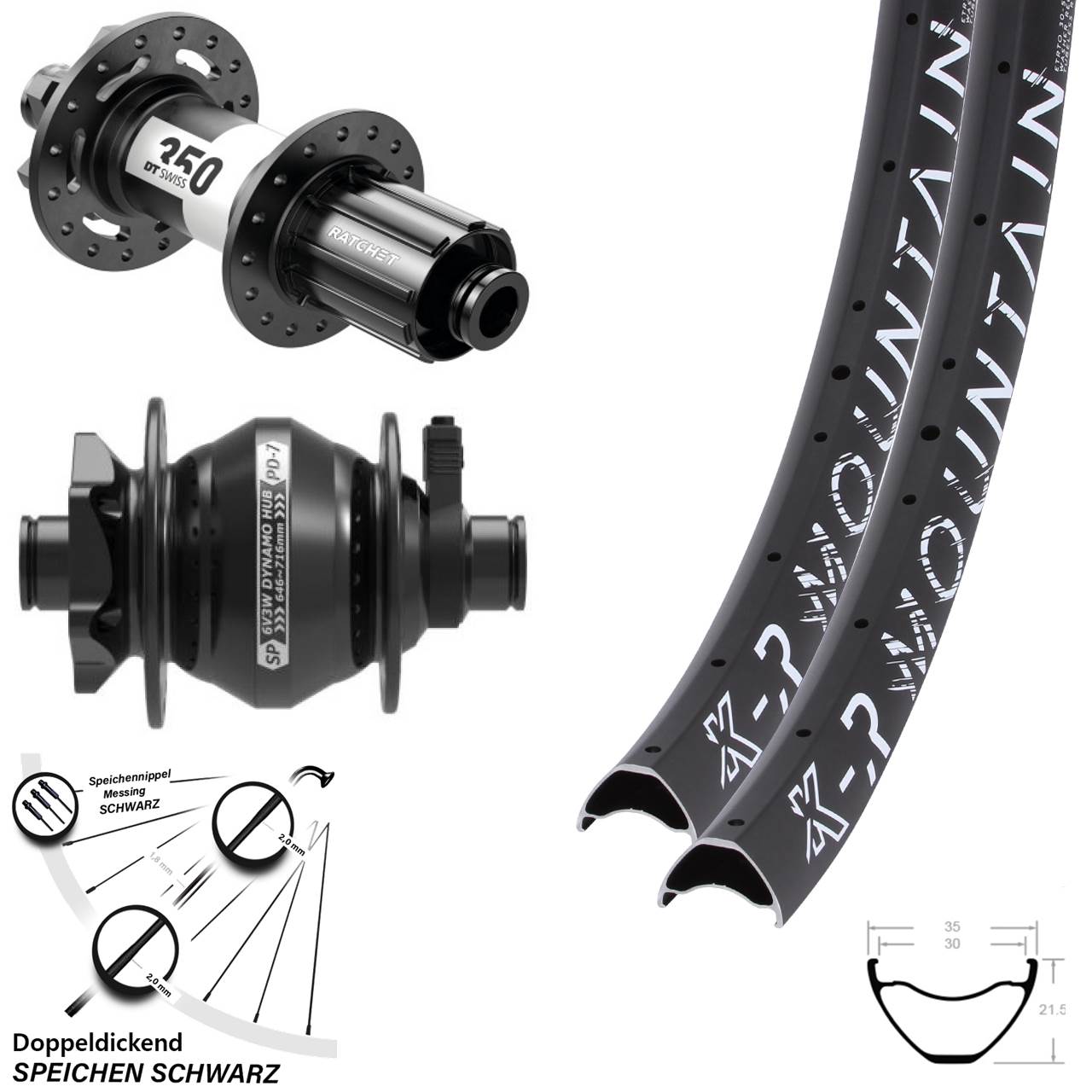 Laufradsatz 29 Zoll KX-R Mountain 12x100/142 schwarz DT Swiss 350 SP PD-7 Dynamo HG Disc