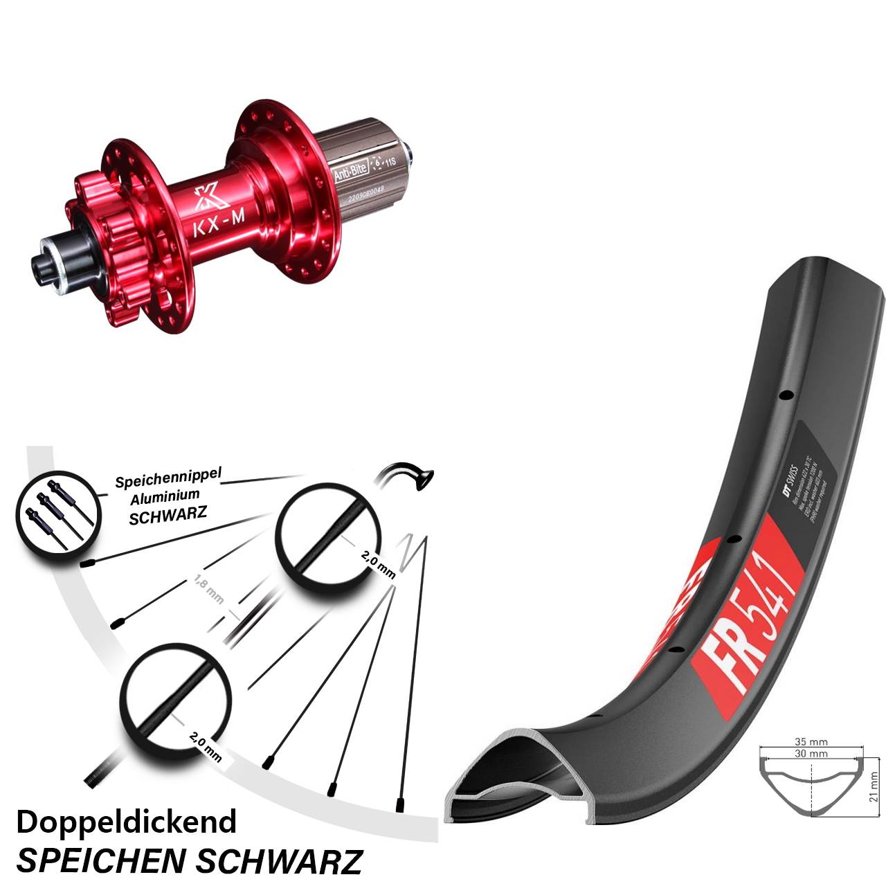 6-Loch Hinterrad QR 29 Zoll DT Swiss FR541 KX-M rot 8-12 fach HG