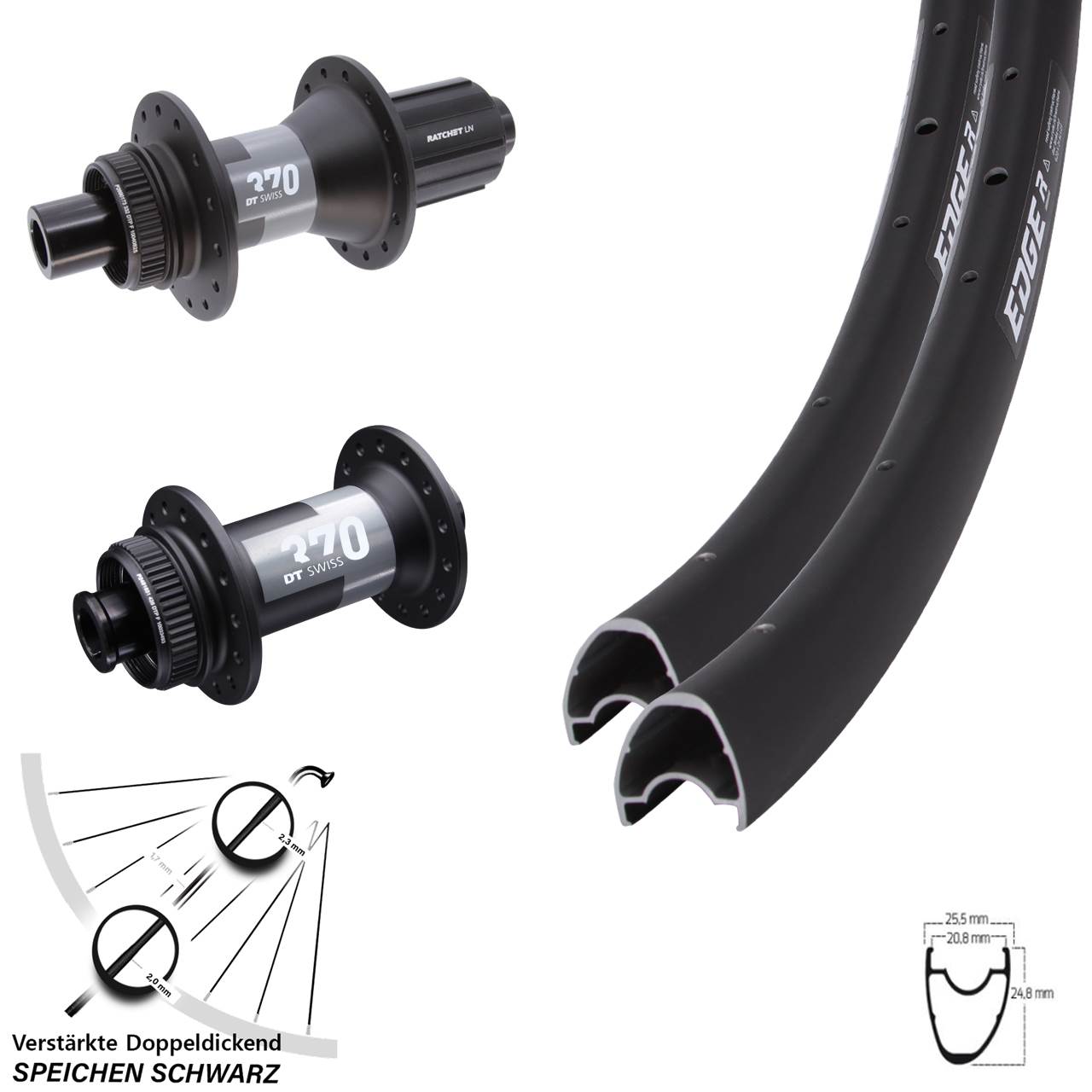 Ryde Edge R25 OS DT Swiss 370 28 Zoll Laufradsatz Centerlock 15x100 12x142 11-12 fach
