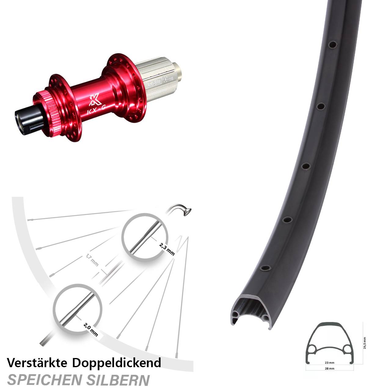 Centerlock Hinterrad 12x142 28 Zoll Ambrosio Sport KX-G rot 8-12 fach HG