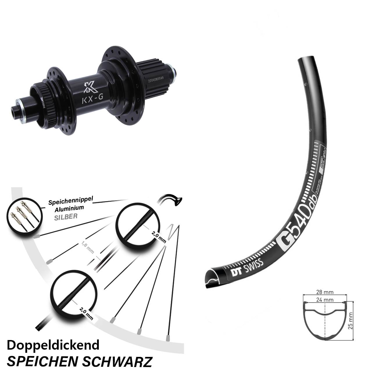 Hinterrad 28 Zoll DT Swiss G540 Disc KX-GS Centerlock Micro Spline schwarz