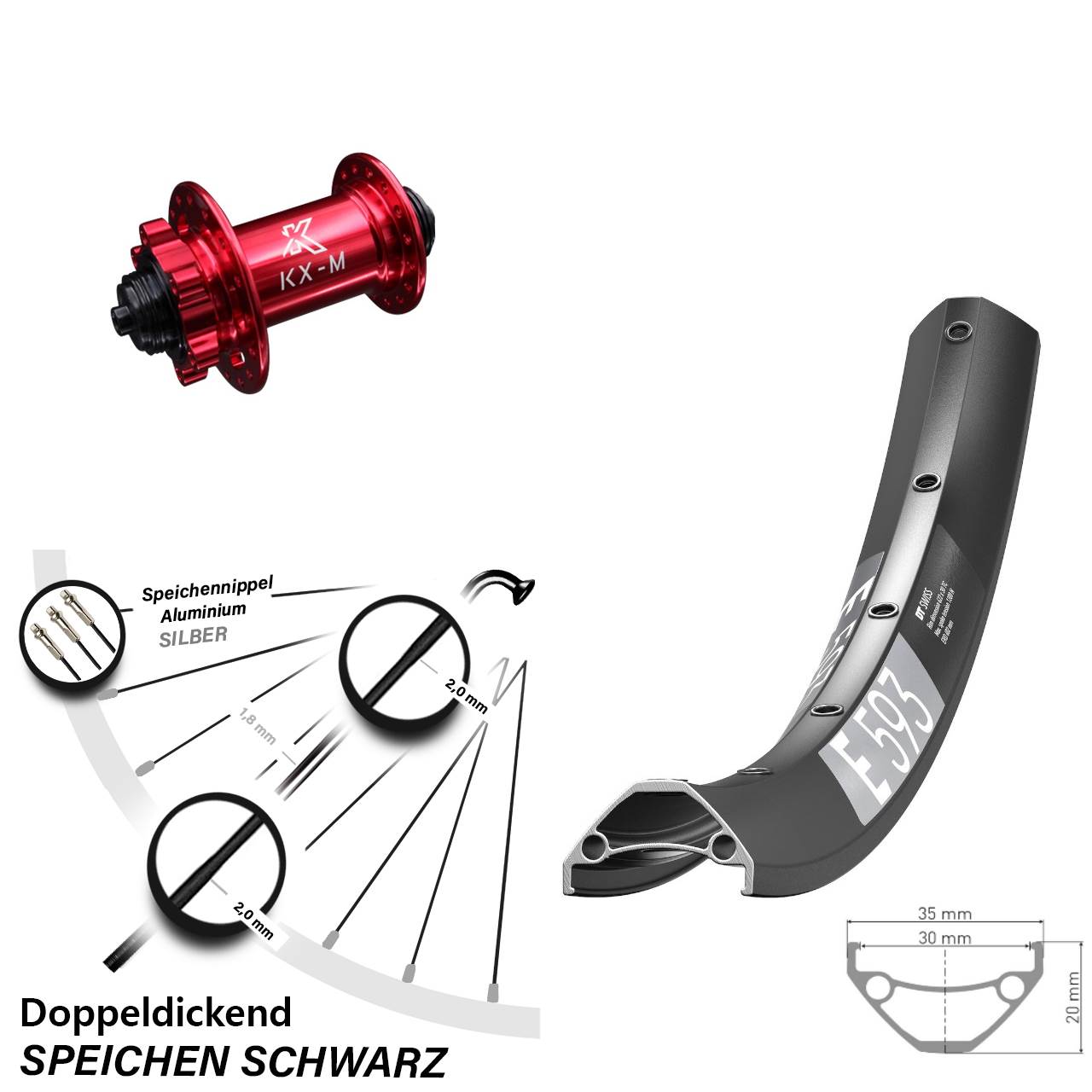 29 Zoll MTB DT Swiss E593 Disc KX-M 6-Loch Vorderrad QR