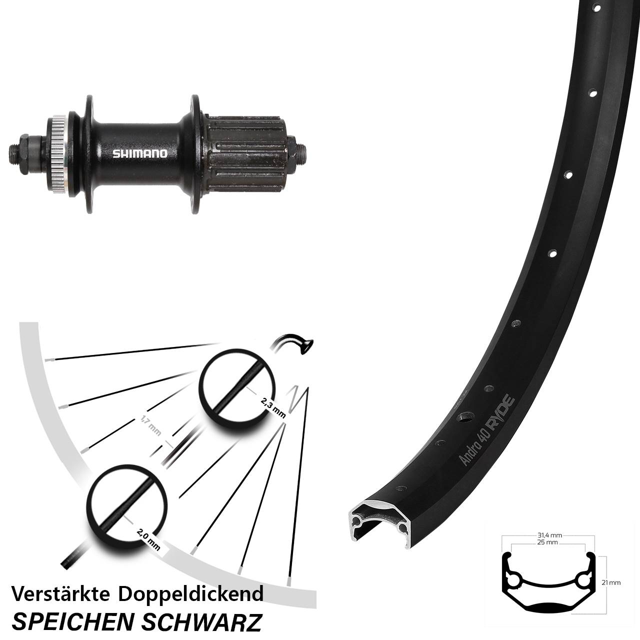 Ryde Andra 40 Shimano FH-UR600 schwarz 27,5 Zoll Hinterrad Centerlock QR 8-12 fach