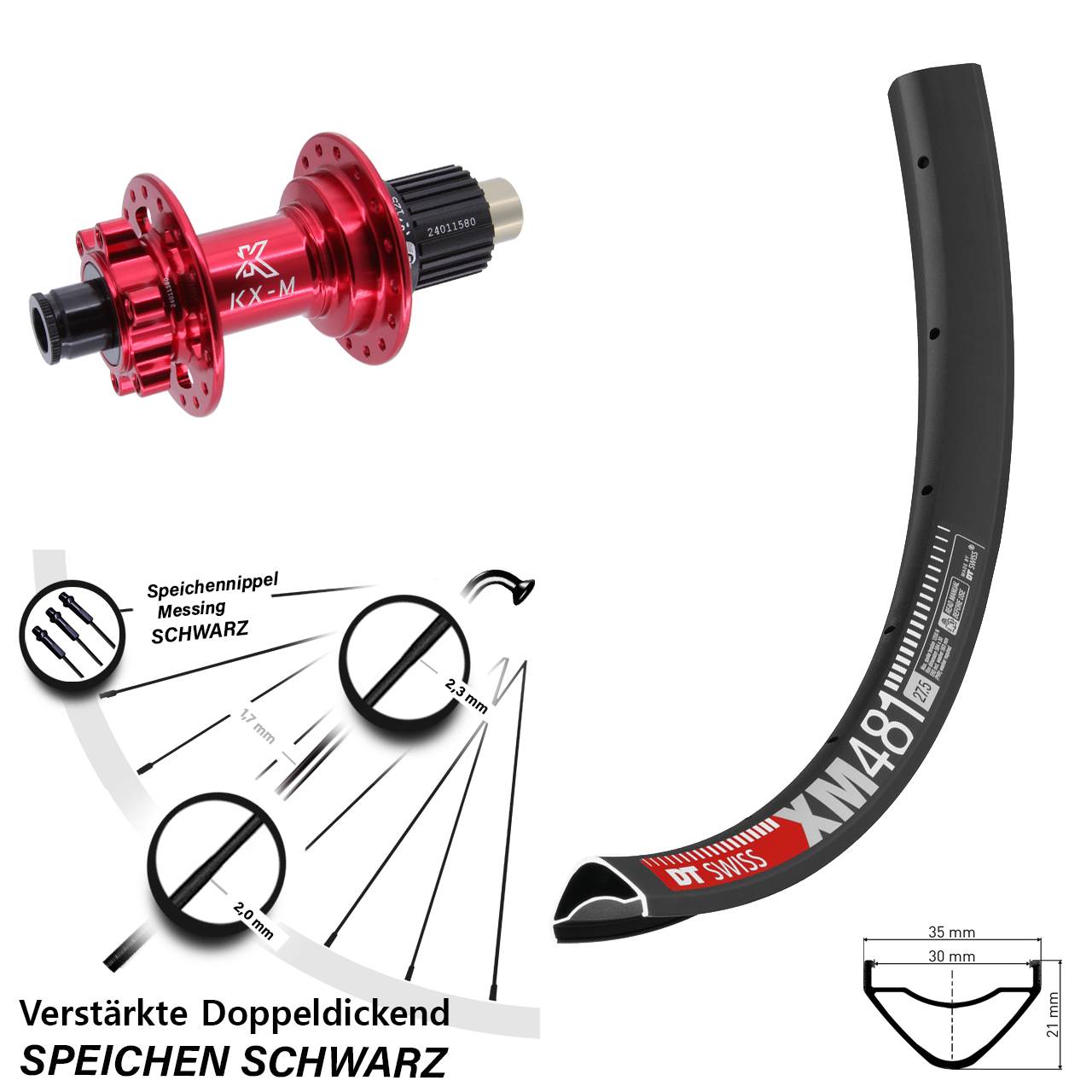 27,5 Zoll DT Swiss XM481 KX-M rot Disc Laufrad 12x142 Micro Spline