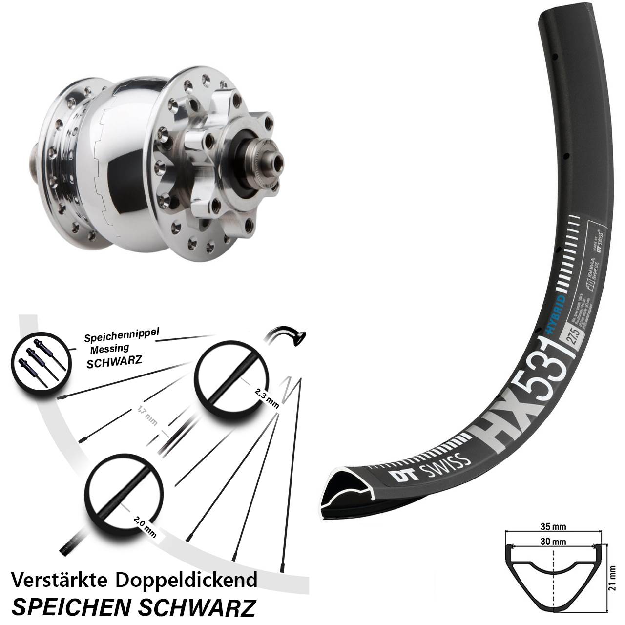 Nabendynamovorderrad 6-Loch 29 Zoll DT Swiss HX531 SON 28 QR