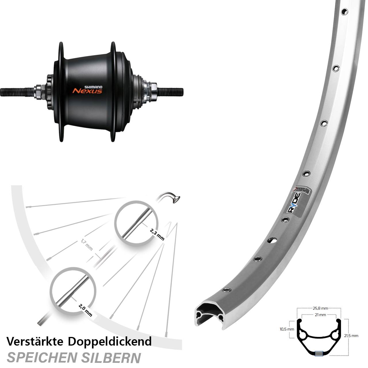 28 Zoll Ryde Zac 421 silbern Hinterrad Shimano 7 Gang schwarz Freilauf