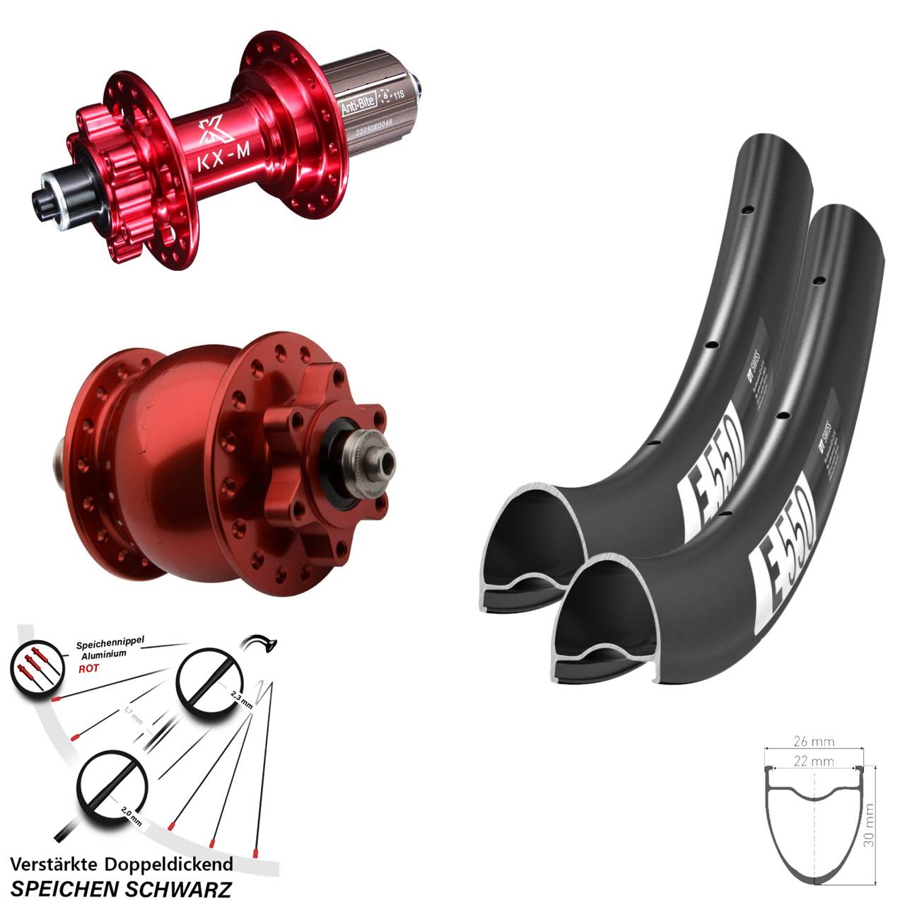 SON 28 Zoll DT Swiss E550 KX-M rot Disc 6-Loch Laufradsatz für Schnellspanner 8-12 fach HG