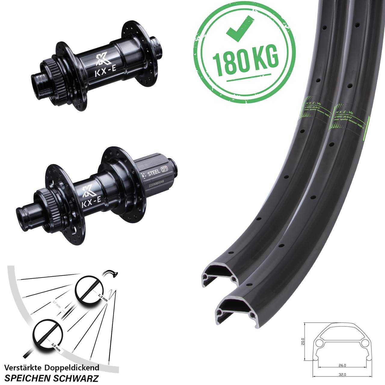 Laufradsatz 20 Zoll Lastenrad KX Evo verstärkt Steckachse 100x142 mm Centerlock 8-12 fach