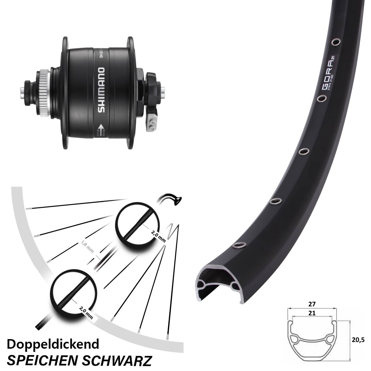 28 Zoll Gora 21 Shimano DH-3D37 Centerlock Vorderrad mit Nabendynamo für Schnellspanner