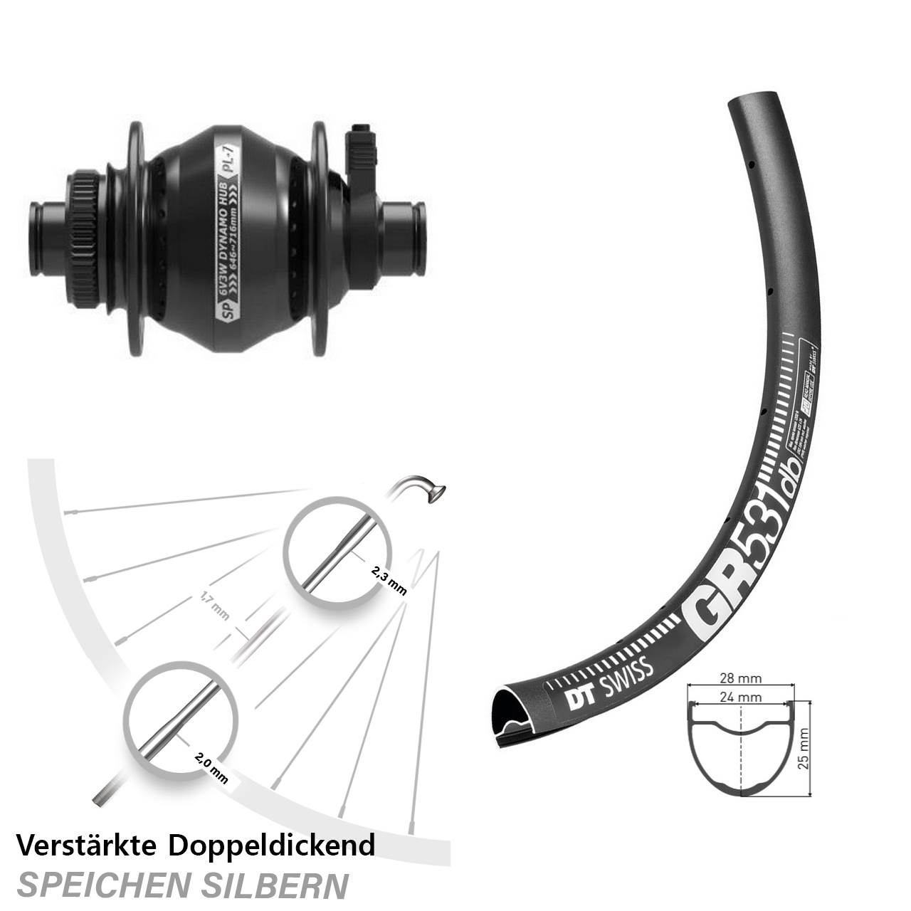 28 Zoll Vorderrad DT Swiss GR531 Shutter Precision PL-7 Nabendynamo Centerlock