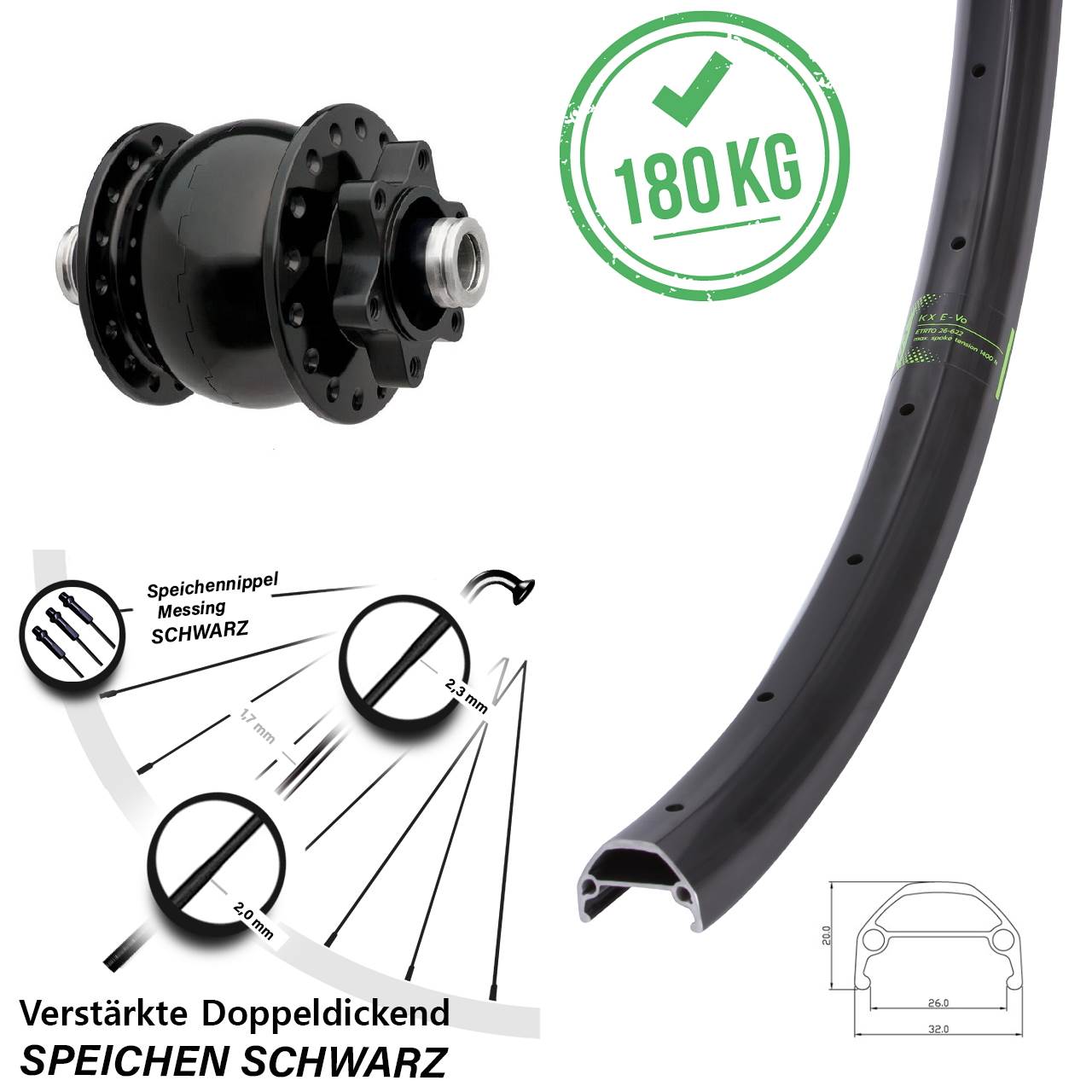 Nabendynamovorderrad 6-Loch 12x100 20 Zoll KX Evo SON 28