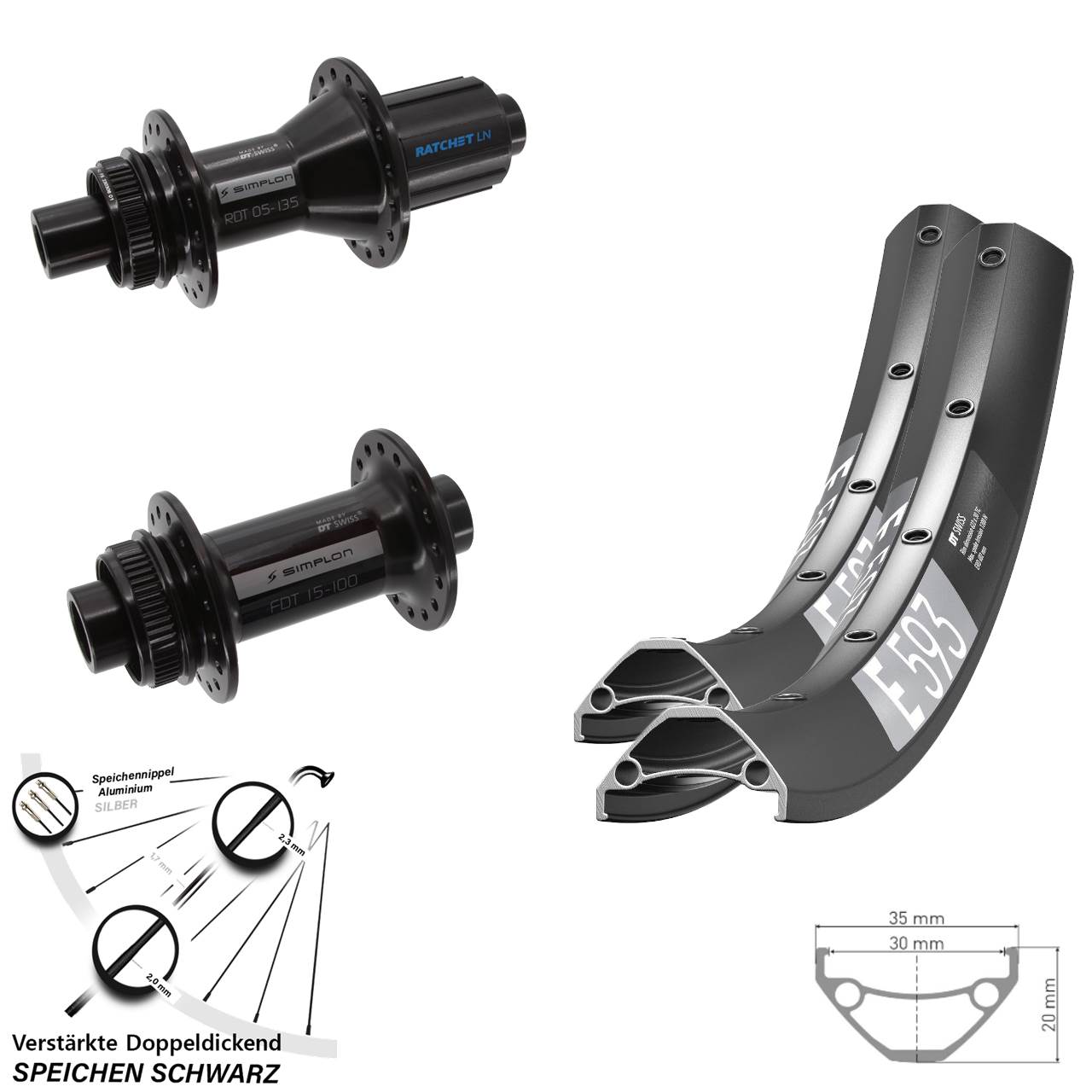 29 Zoll DT Swiss E593 370 Hybrid Laufradsatz Centerlock 15x100 12x142 8-11 fach HG